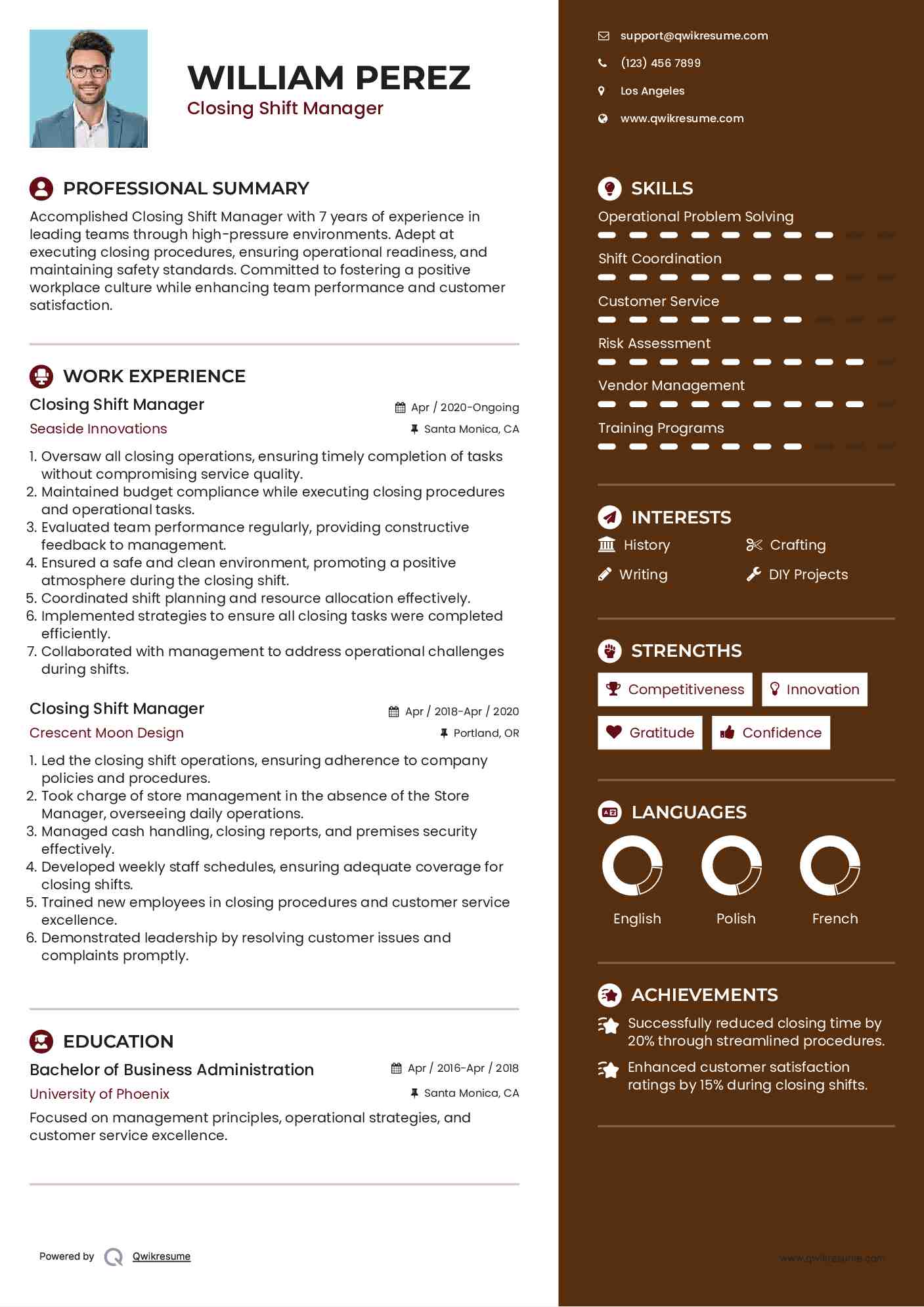 Closing Shift Manager Resume Sample