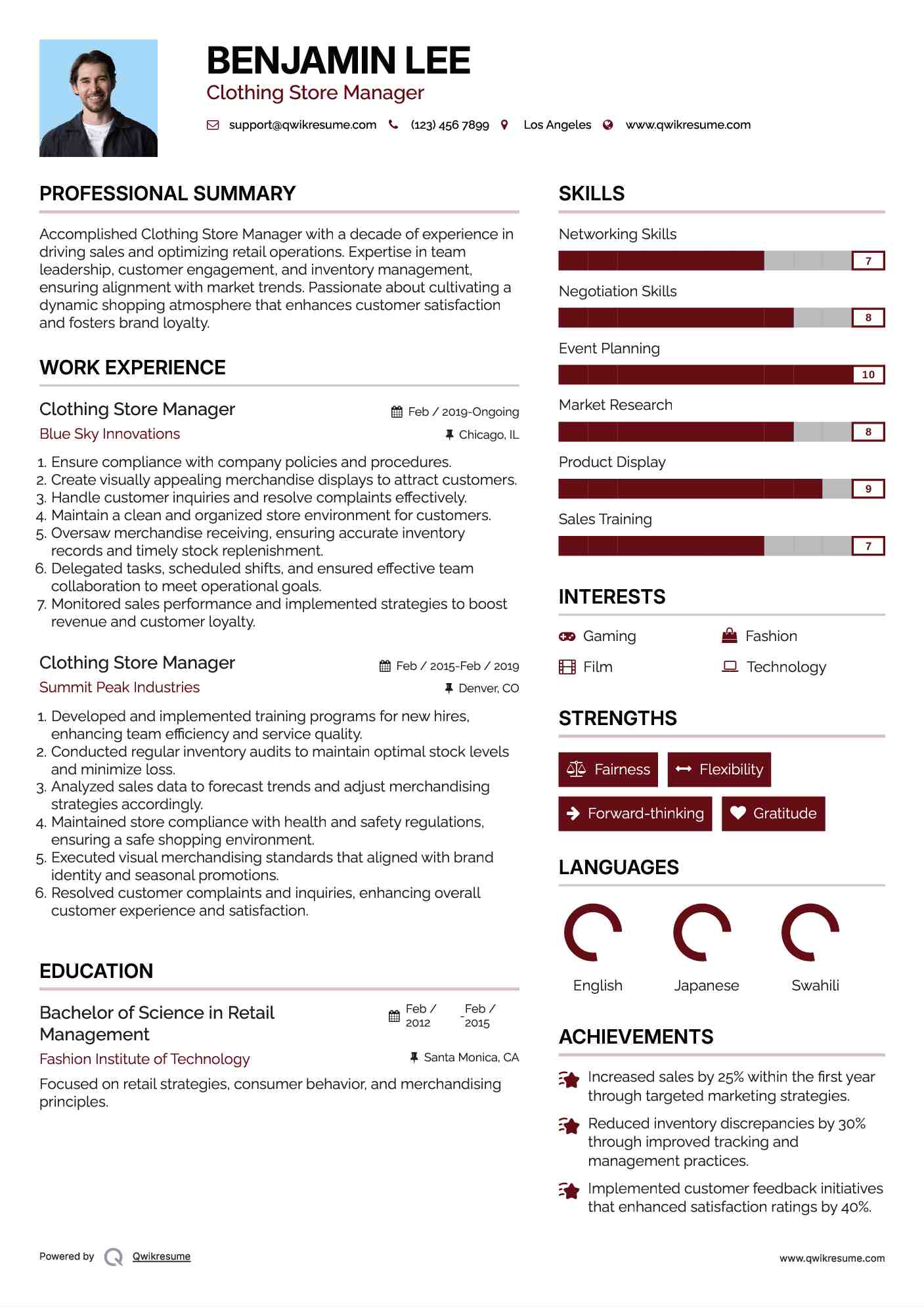 Clothing Store Manager Resume Example