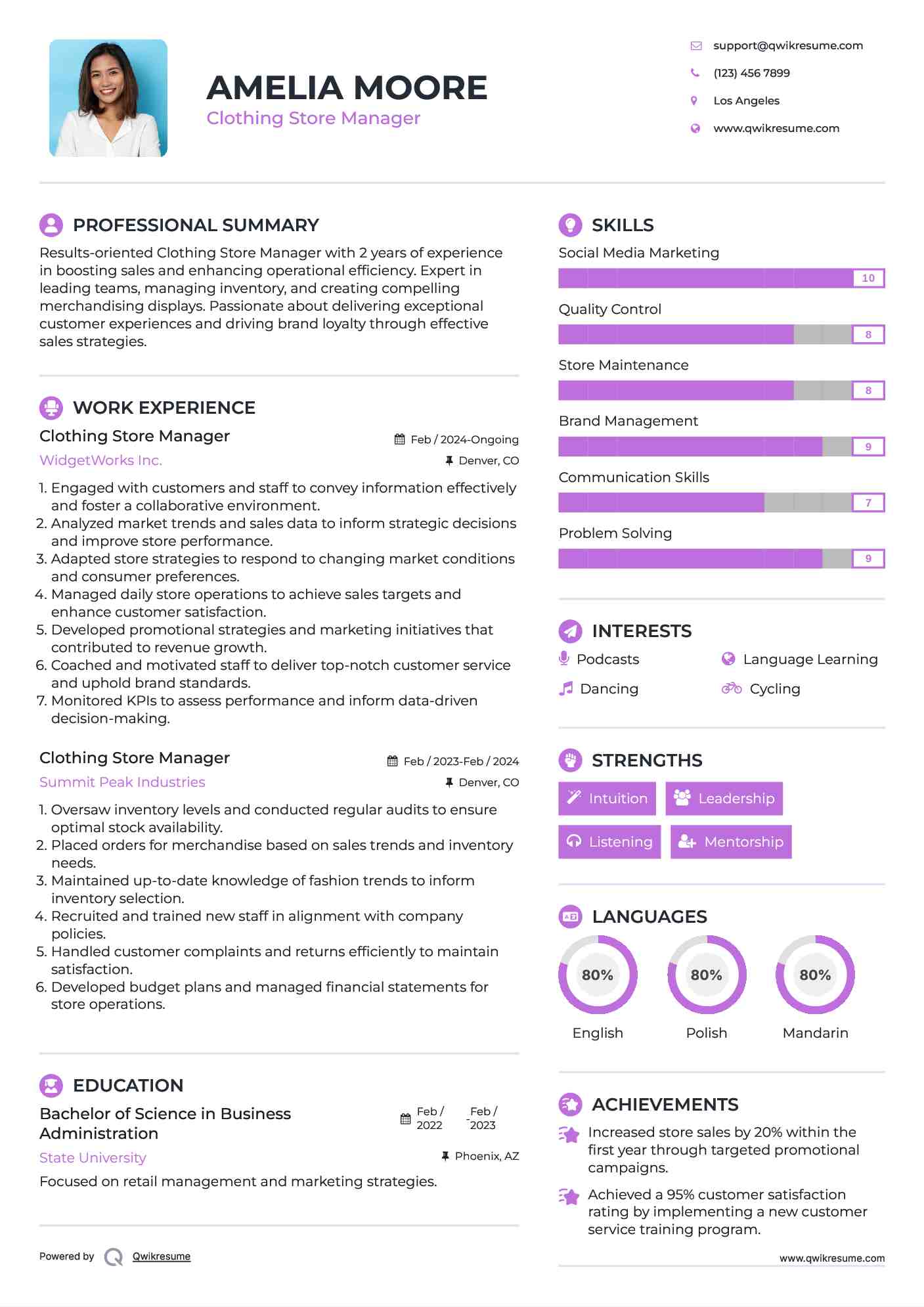 Clothing Store Manager Resume Example