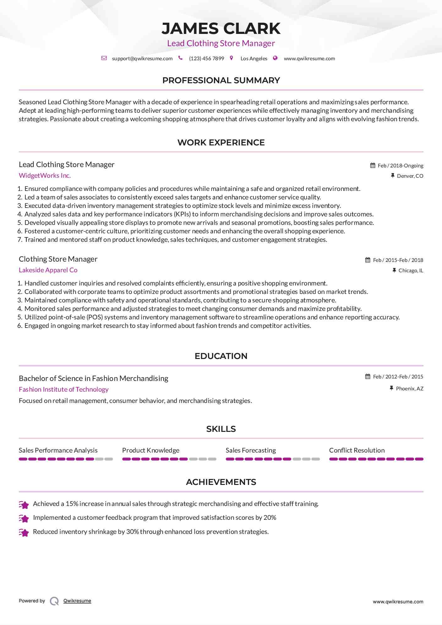 Lead Clothing Store Manager Resume Format