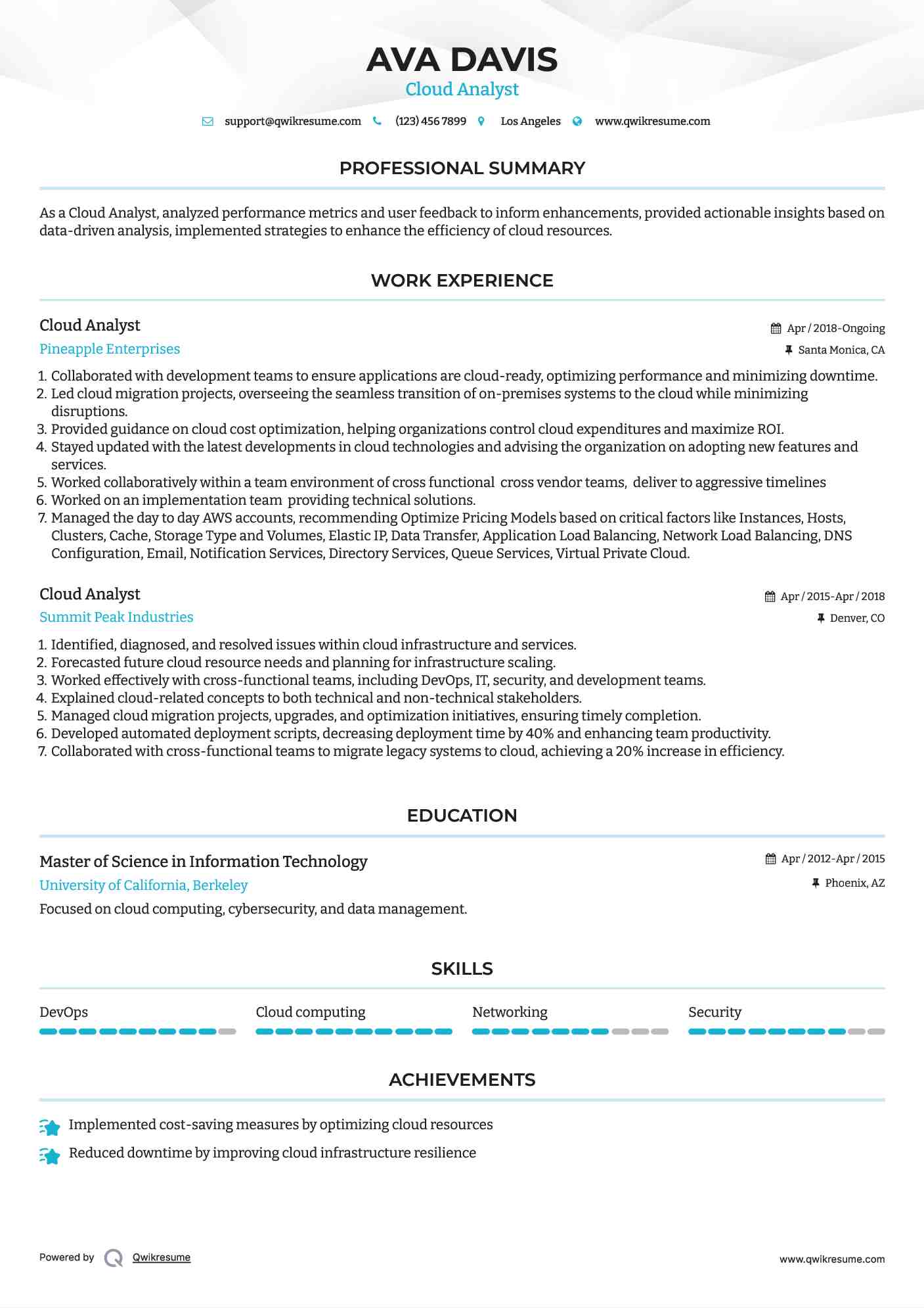 Cloud Analyst Resume Sample