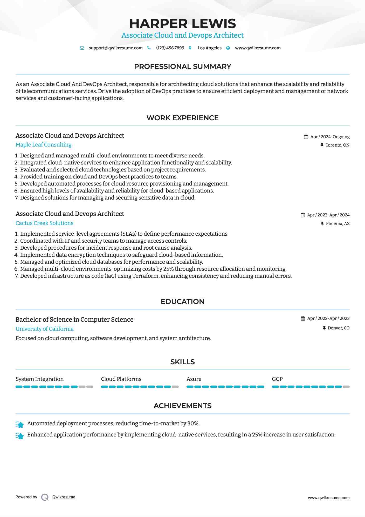 Associate Cloud and Devops Architect Resume Sample