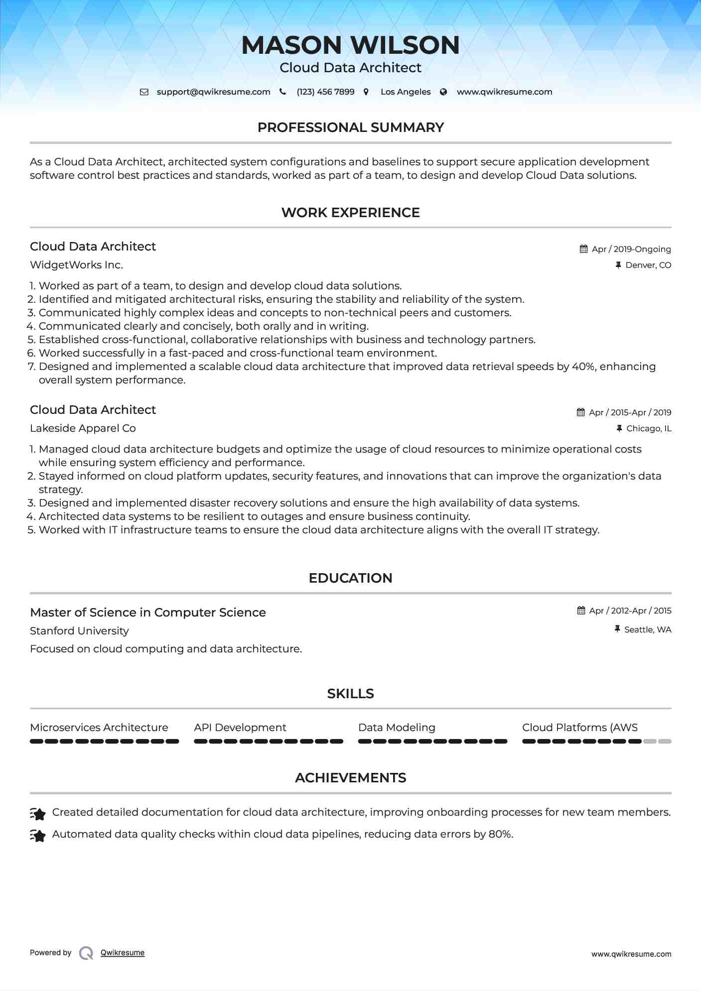 Cloud Data Architect Resume Format