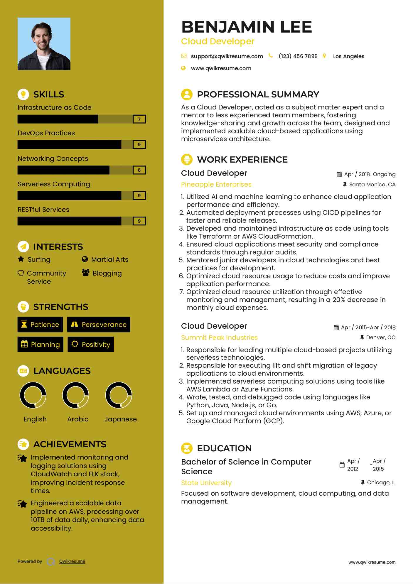 Cloud Developer Resume Example