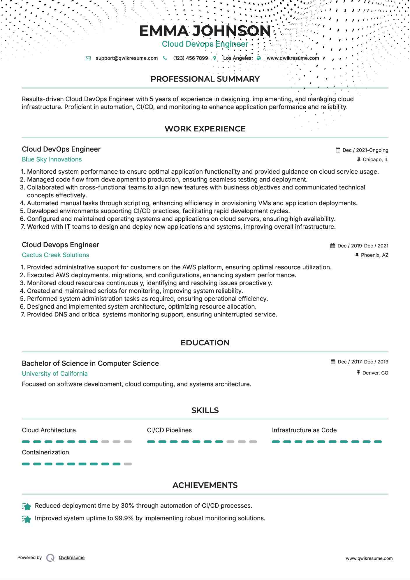 Cloud DevOps Engineer Resume Example