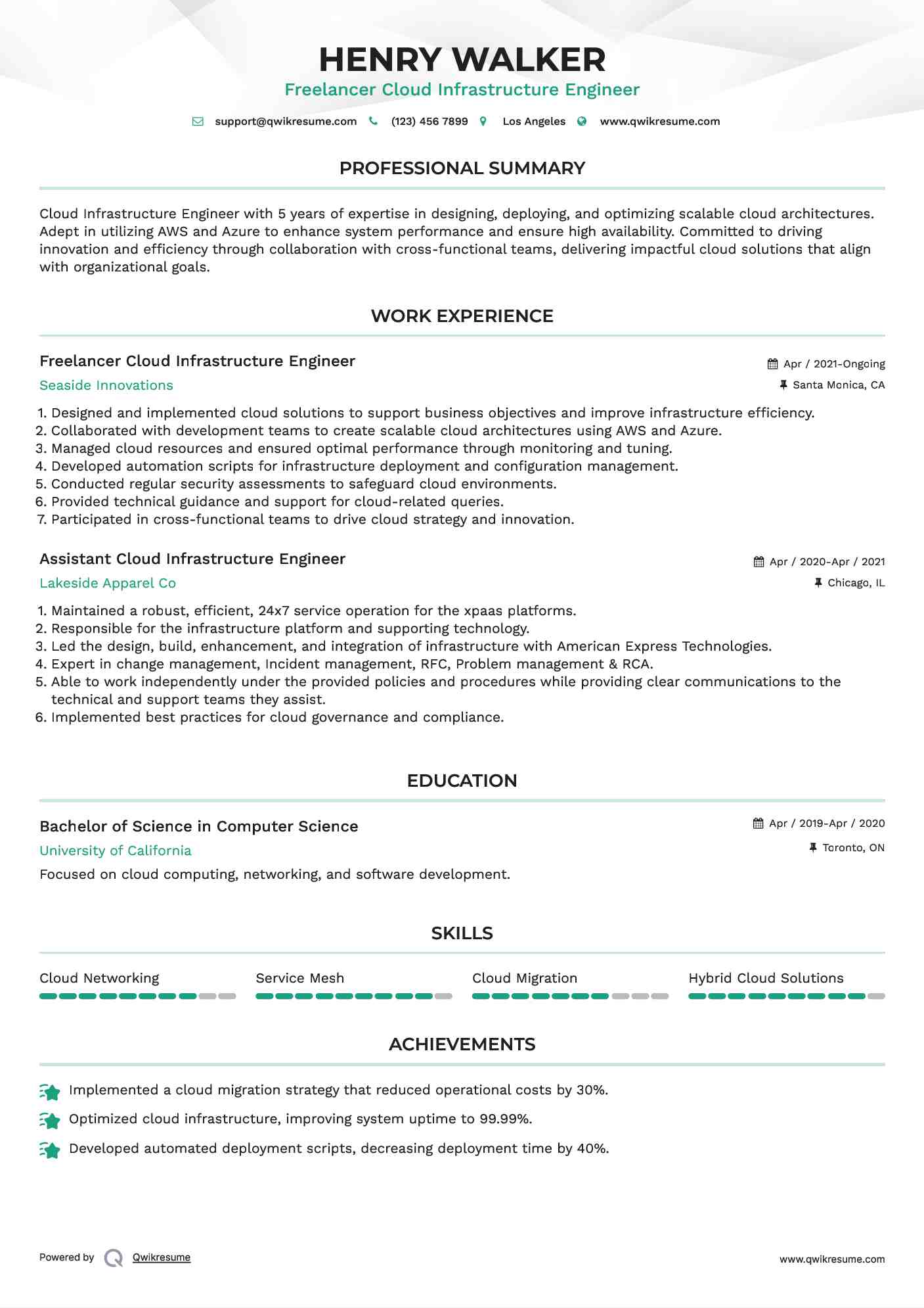  Freelancer Cloud Infrastructure Engineer Resume Model