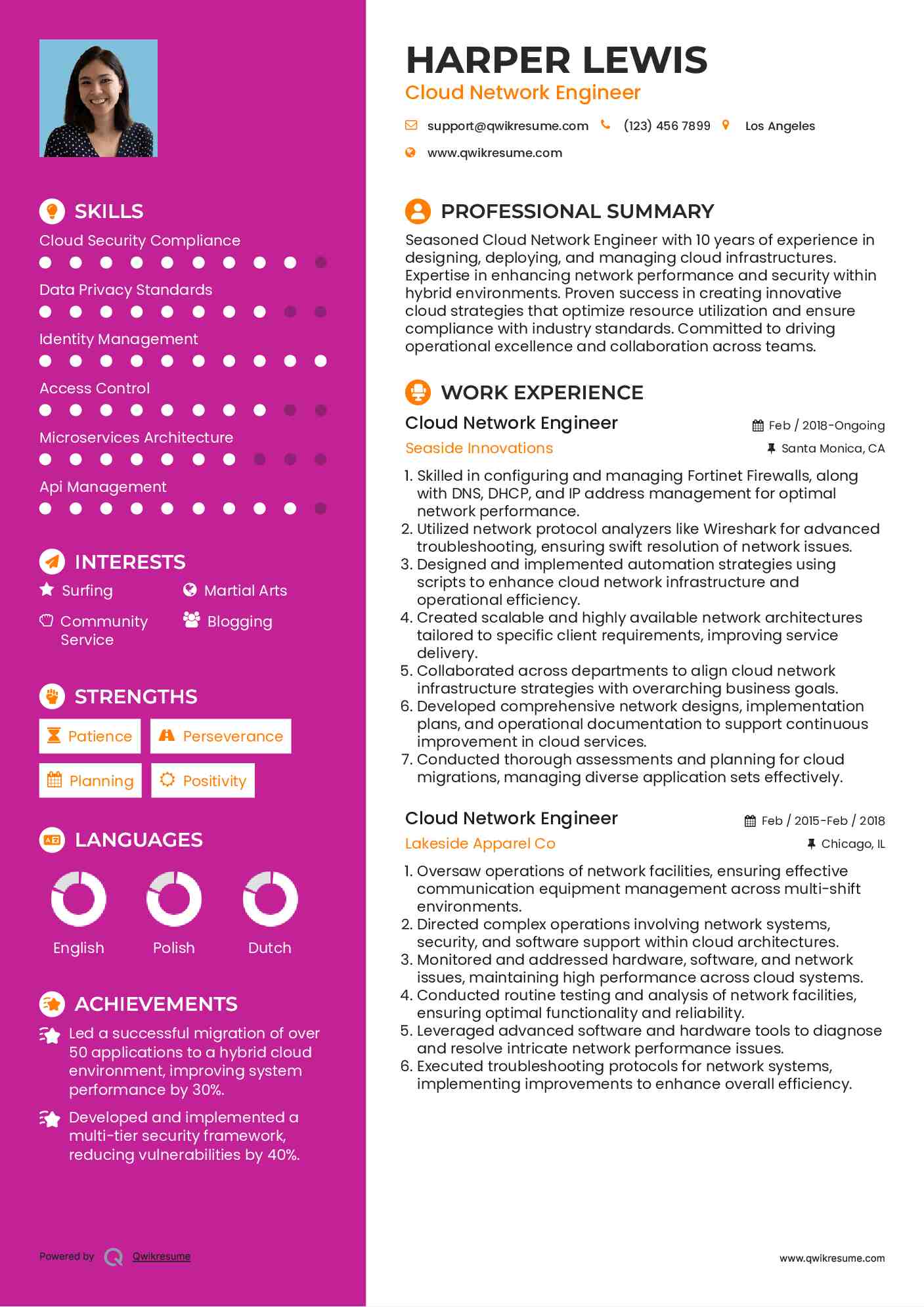 Cloud Network Engineer Resume Example