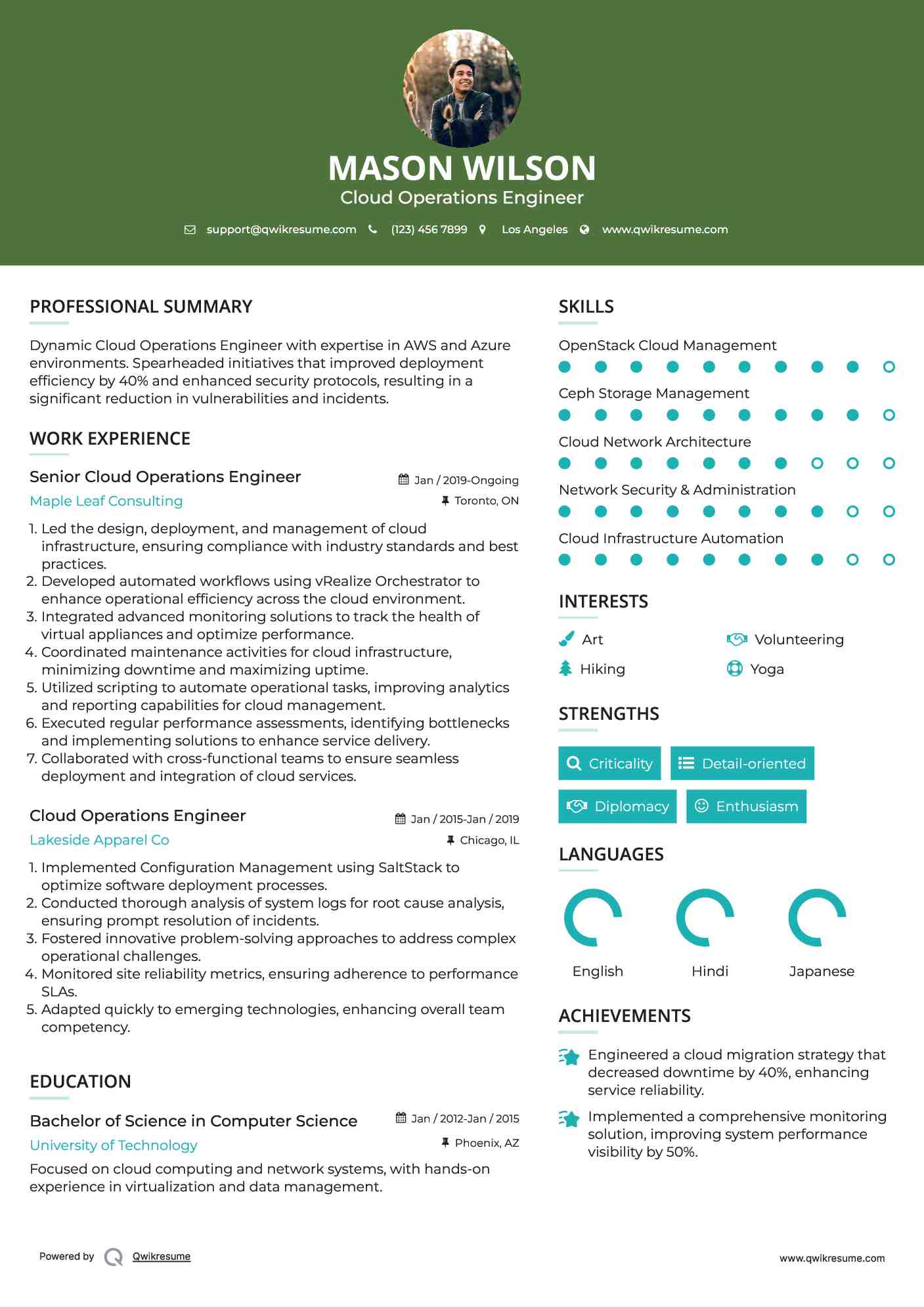 Senior Cloud Operations Engineer Resume Template