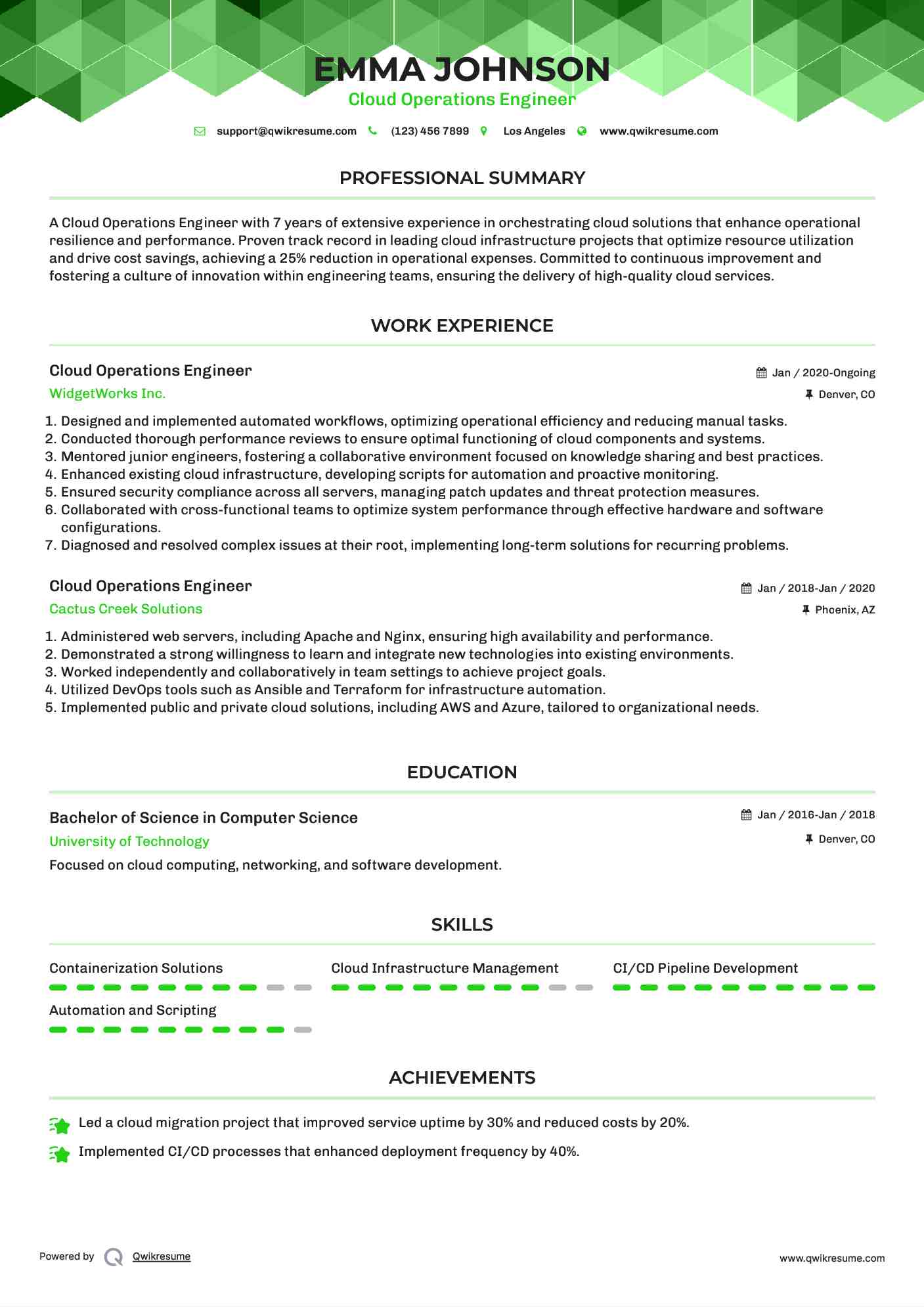 Cloud Operations Engineer Resume Example