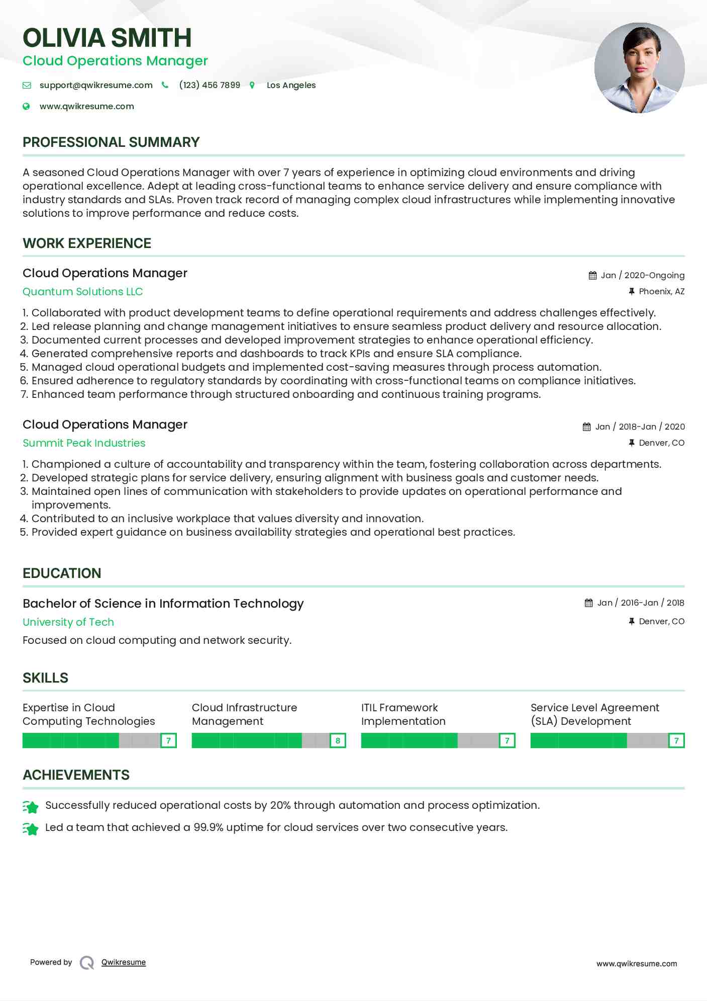 Cloud Operations Manager Resume Sample