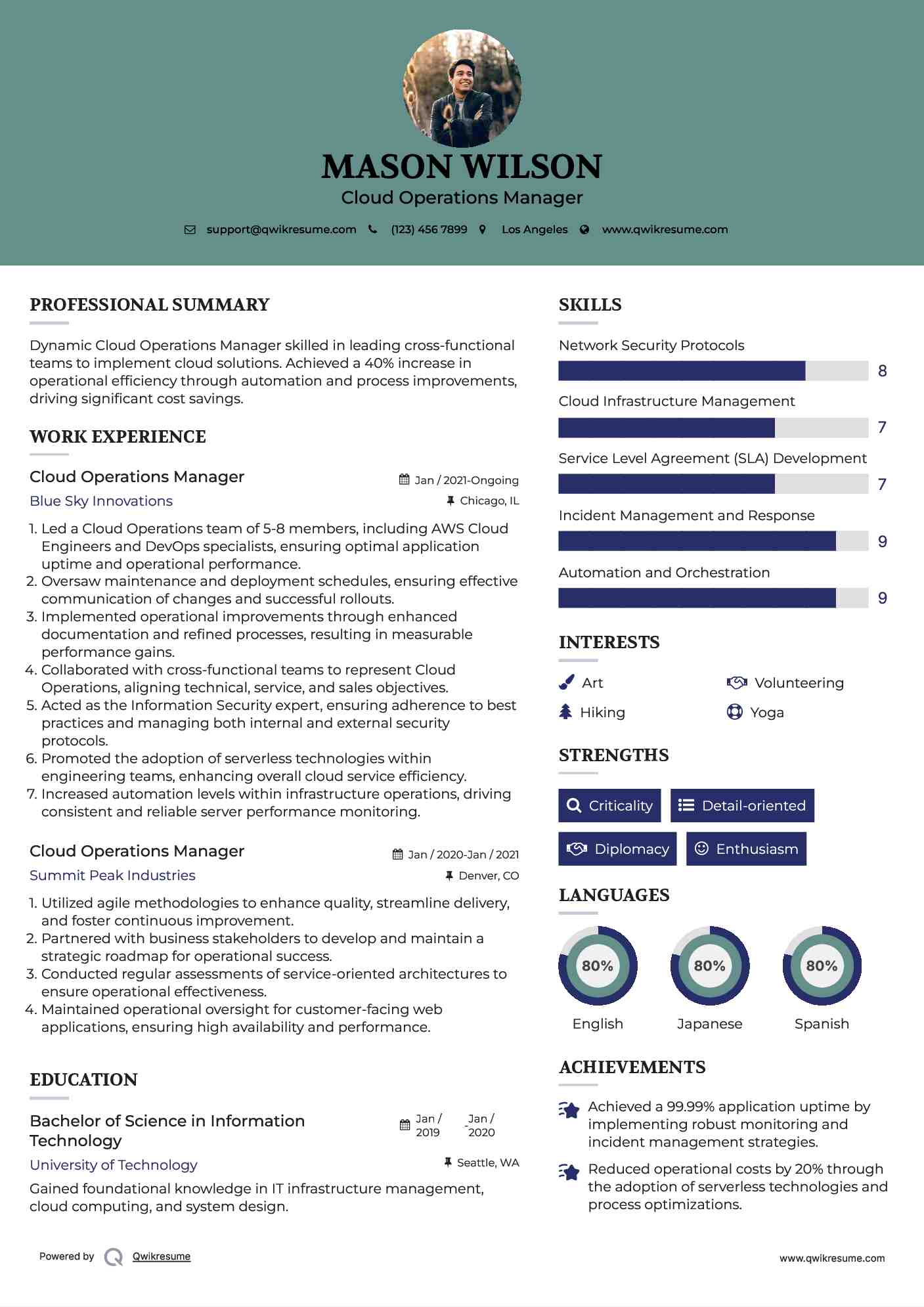 Cloud Operations Manager Resume Sample