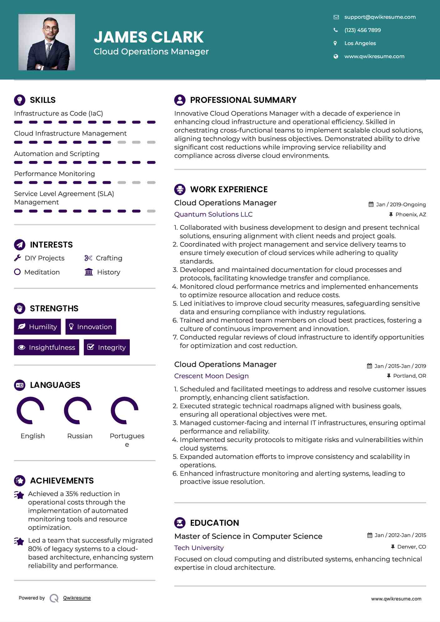 Cloud Operations Manager Resume Example