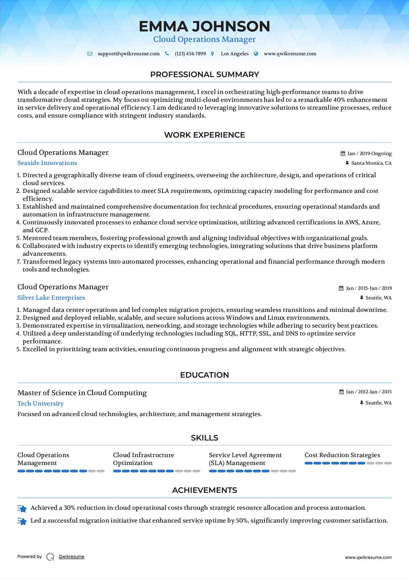 Cloud Operations Manager Resume Model