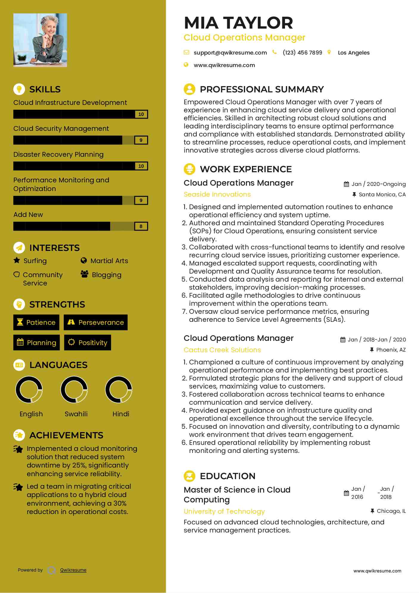 Cloud Operations Manager Resume Example