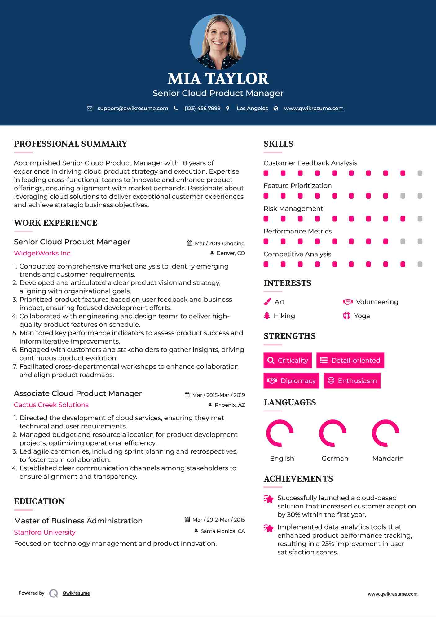 Senior Cloud Product Manager
 Resume Template