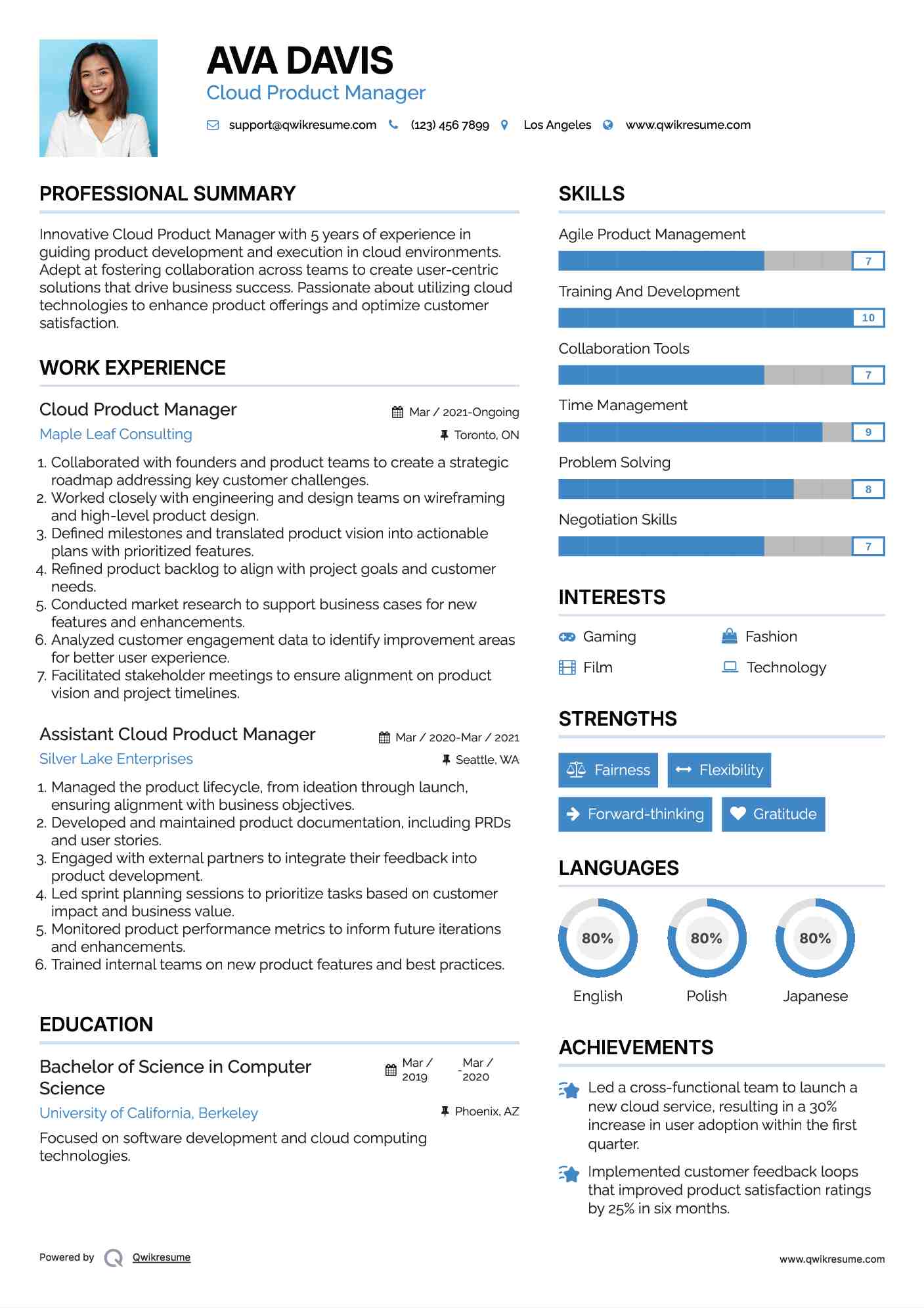 Cloud Product Manager Resume Sample
