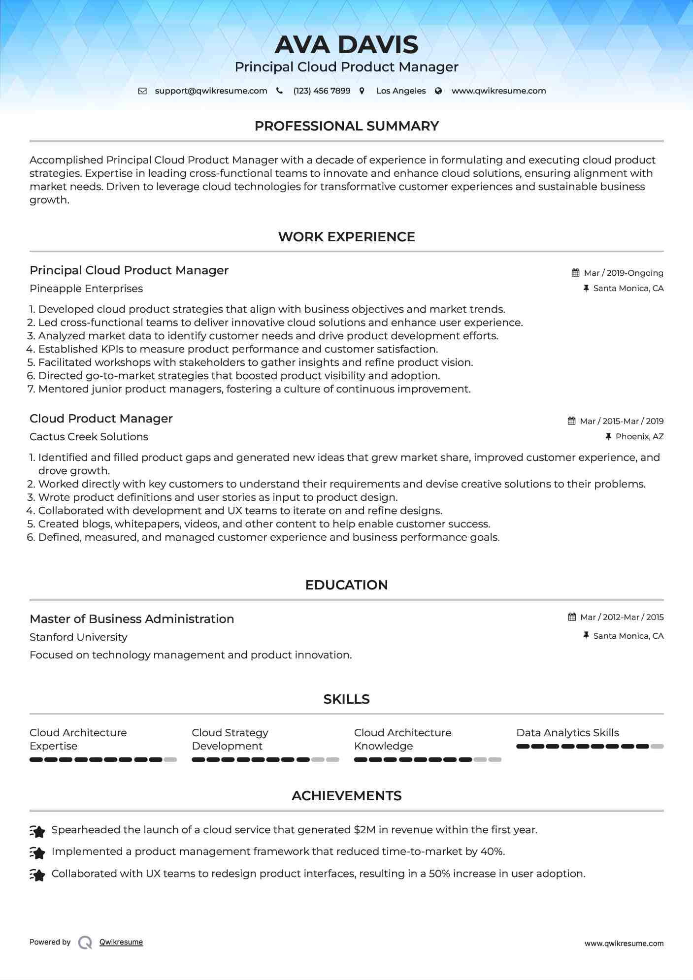 Principal Cloud Product Manager Resume Sample