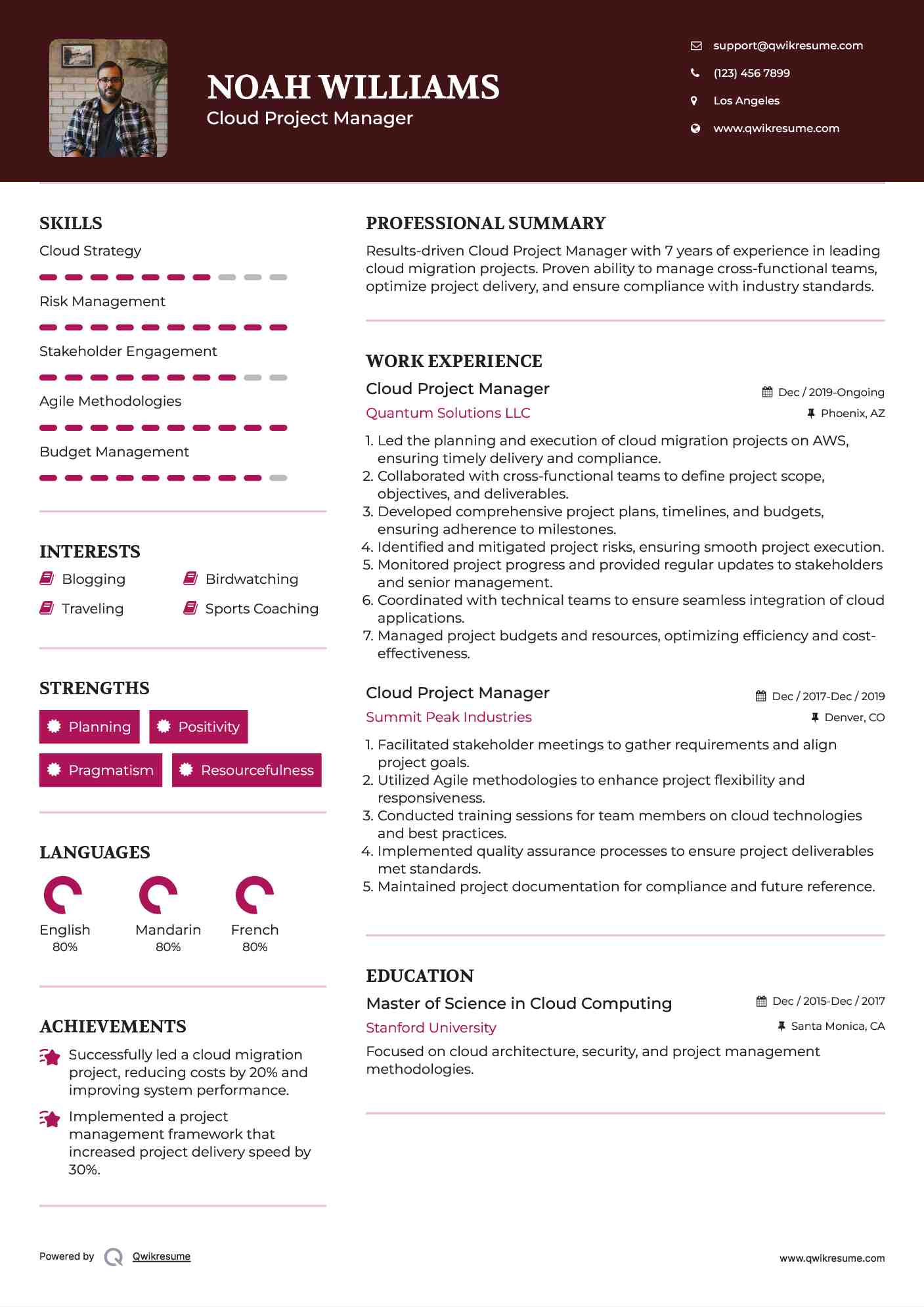 Cloud Project Manager Resume Example