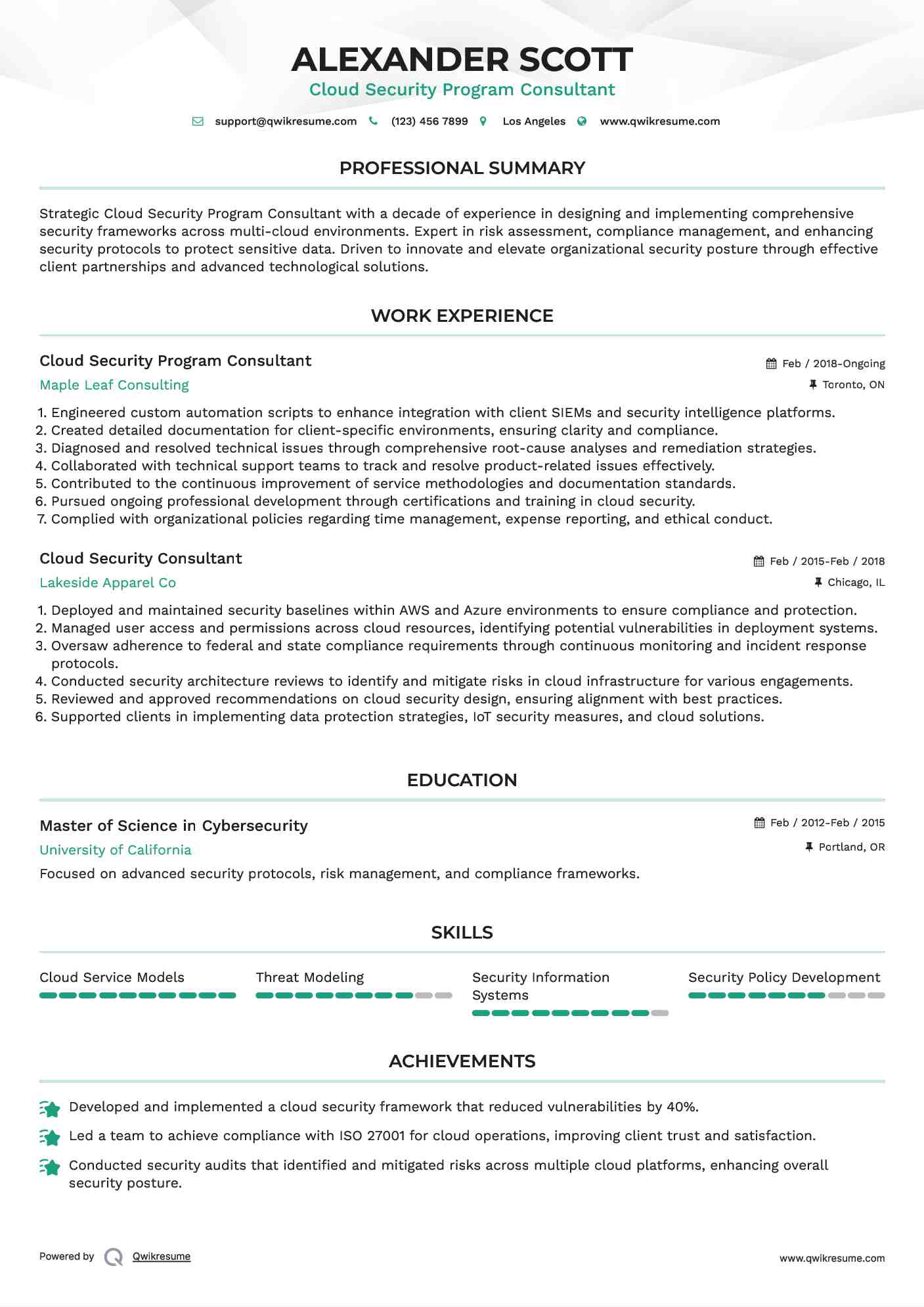 Cloud Security Program Consultant Resume Template
