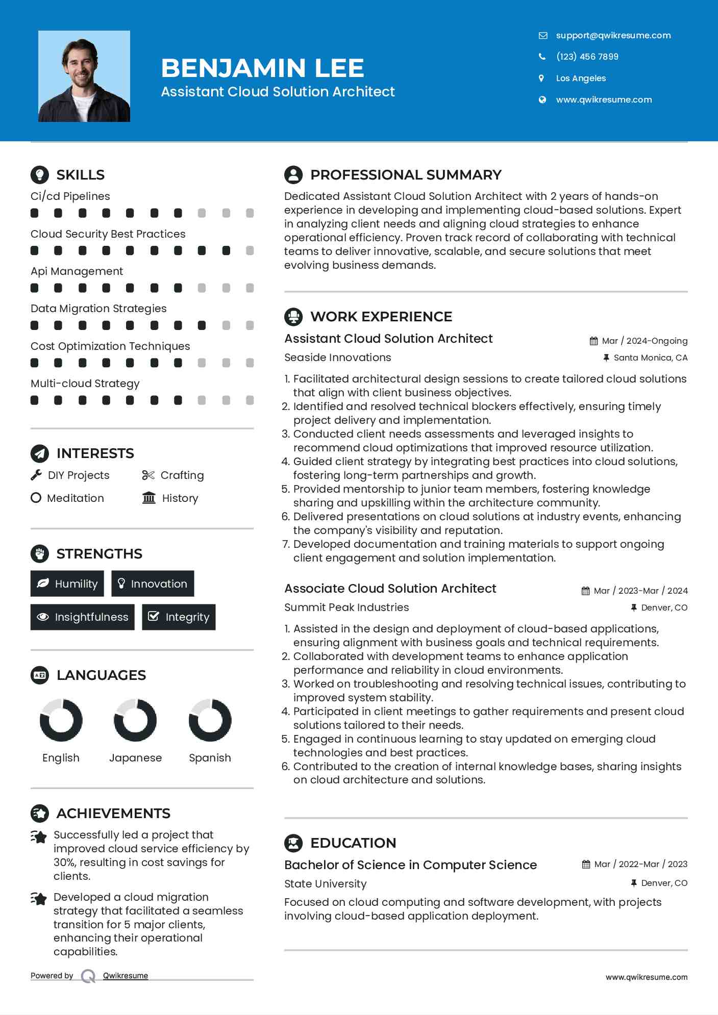 Assistant Cloud Solution Architect  Resume Example