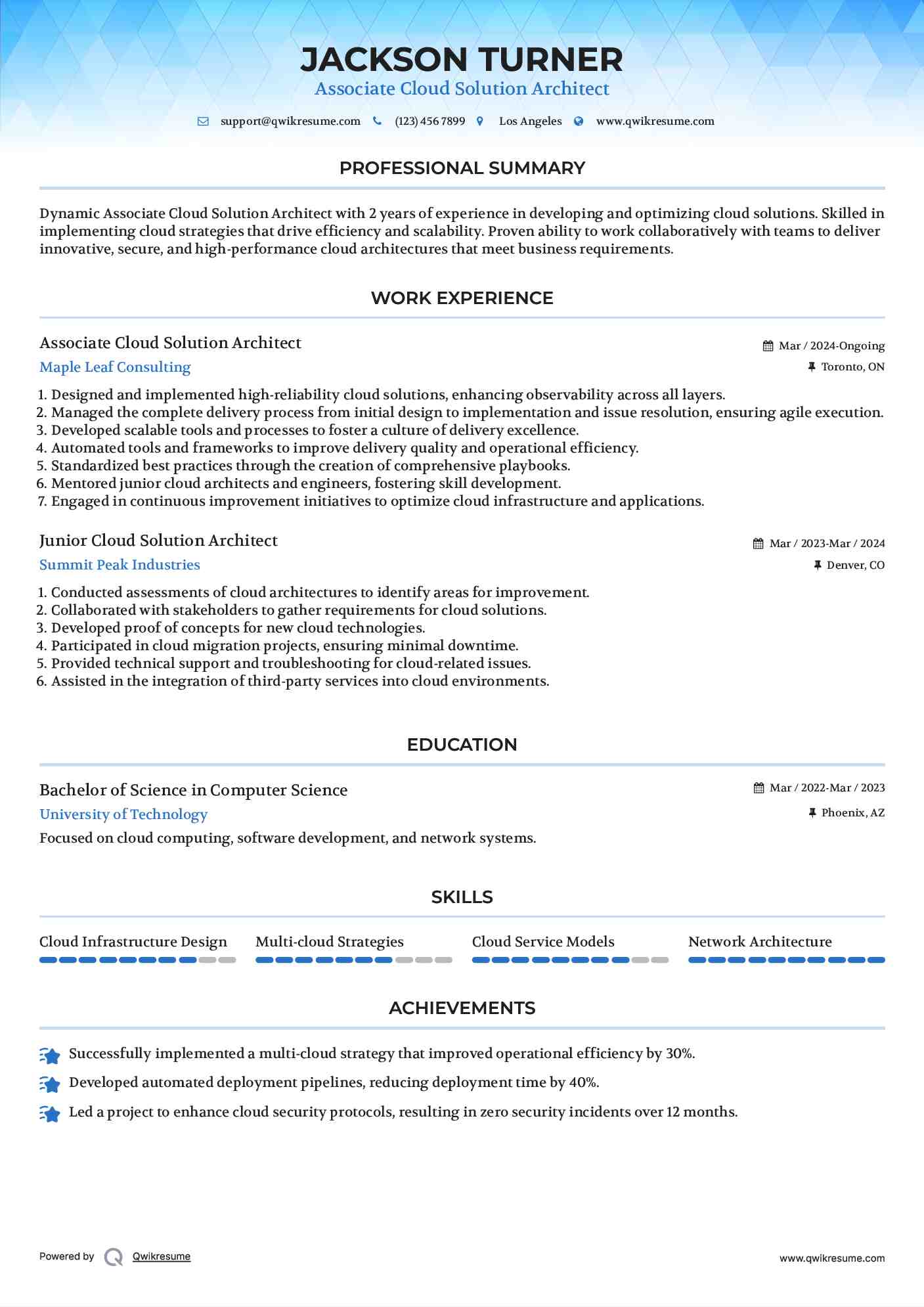 Associate Cloud Solution Architect  Resume Sample