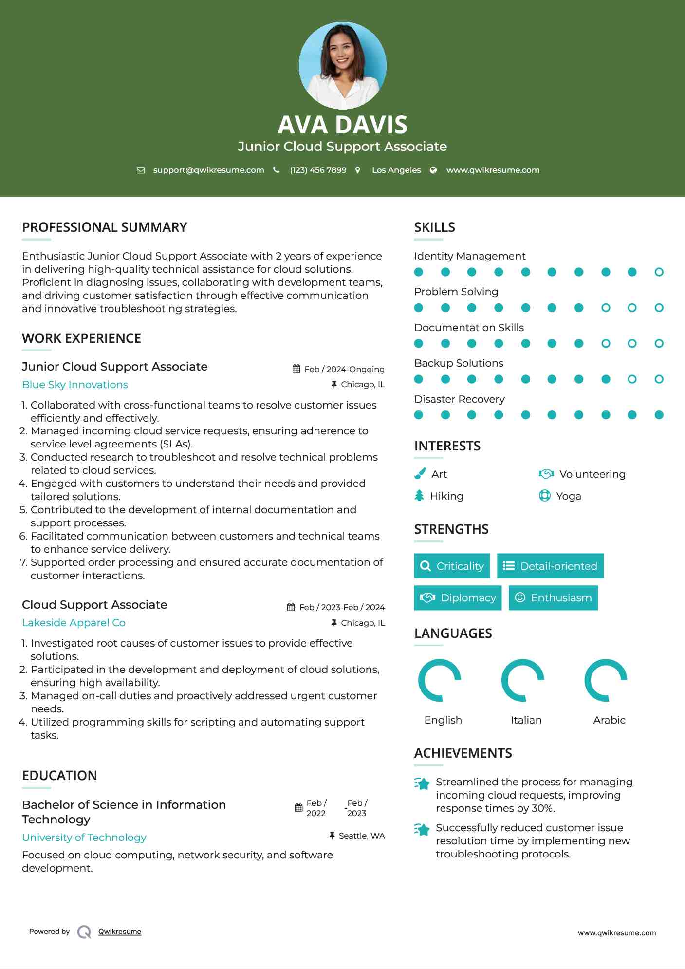 Junior Cloud Support Associate Resume Format