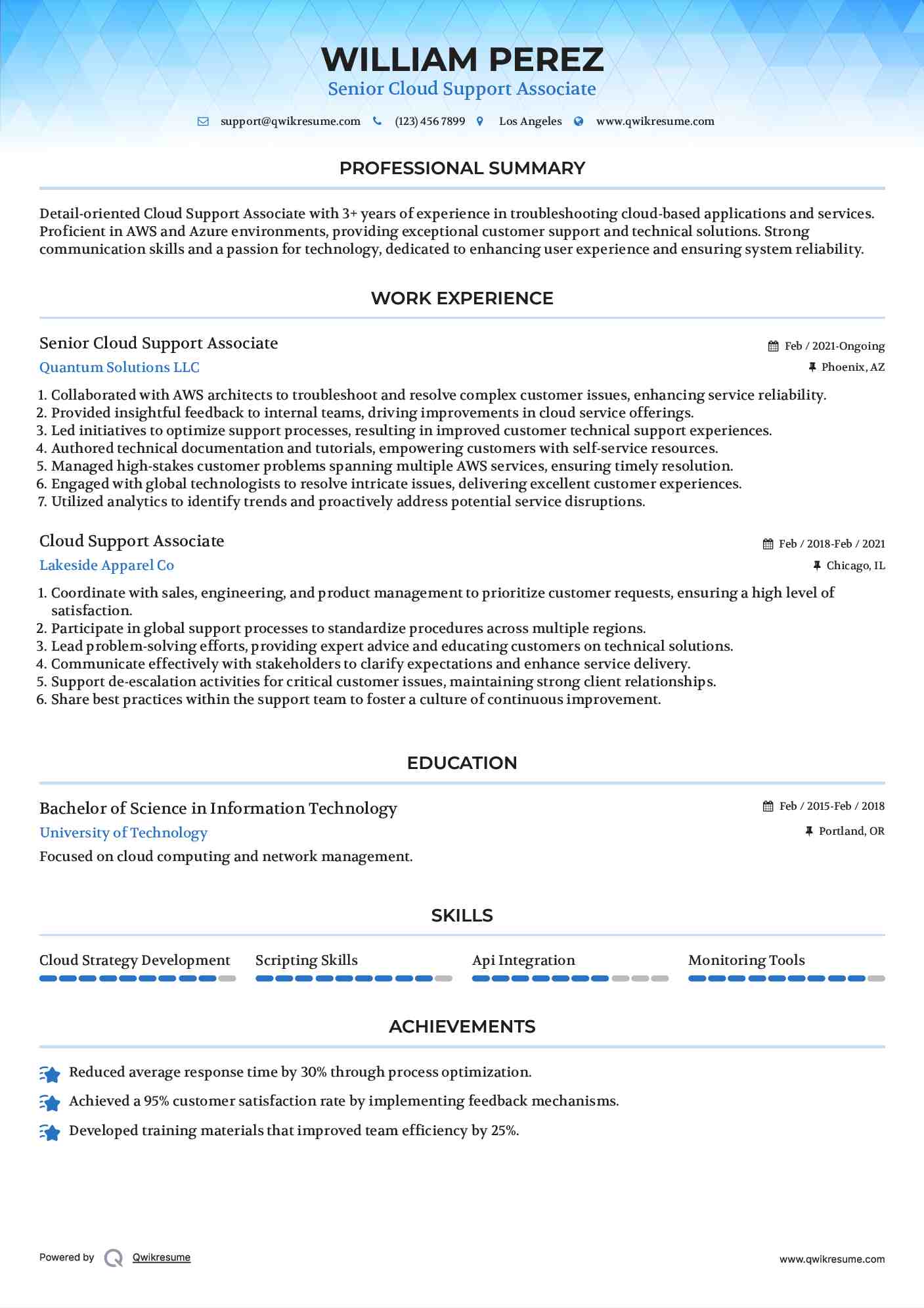 Senior Cloud Support Associate Resume Format