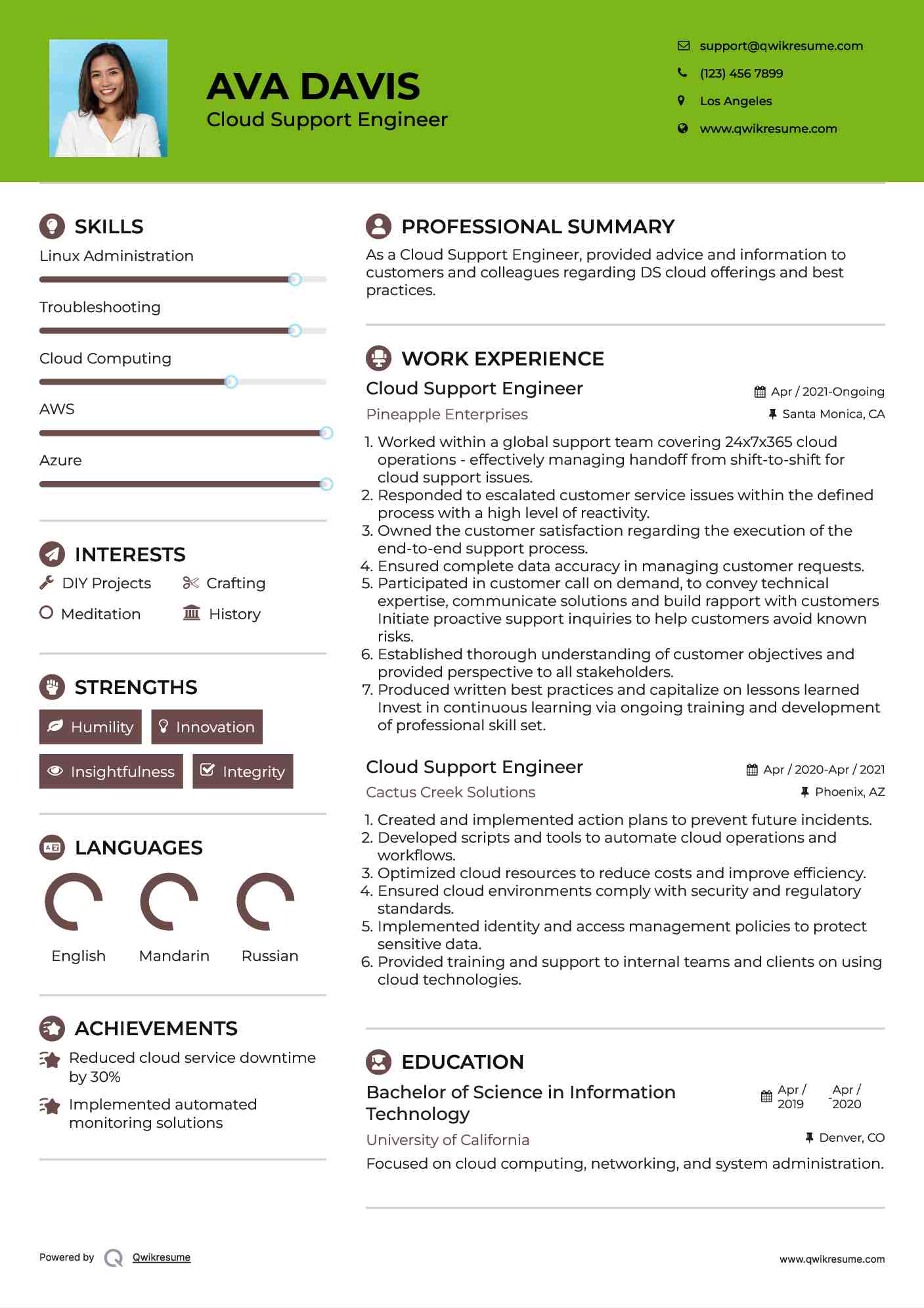Cloud Support Engineer Resume Model