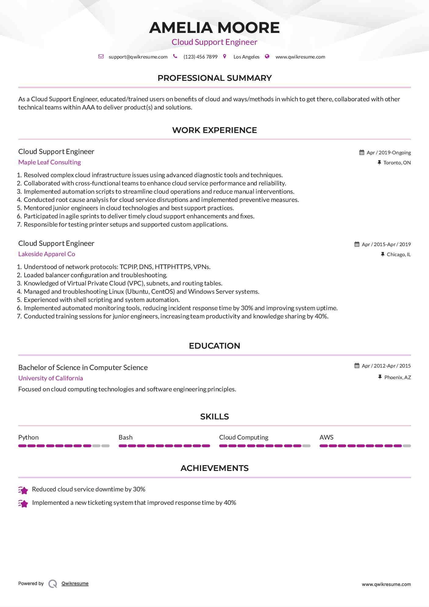 Cloud Support Engineer Resume Sample