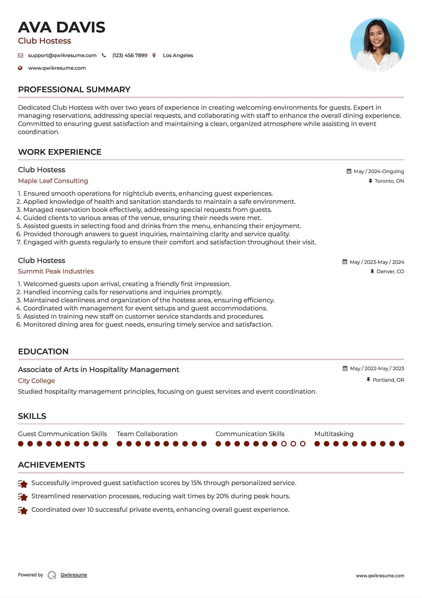 Club Hostess Resume Format