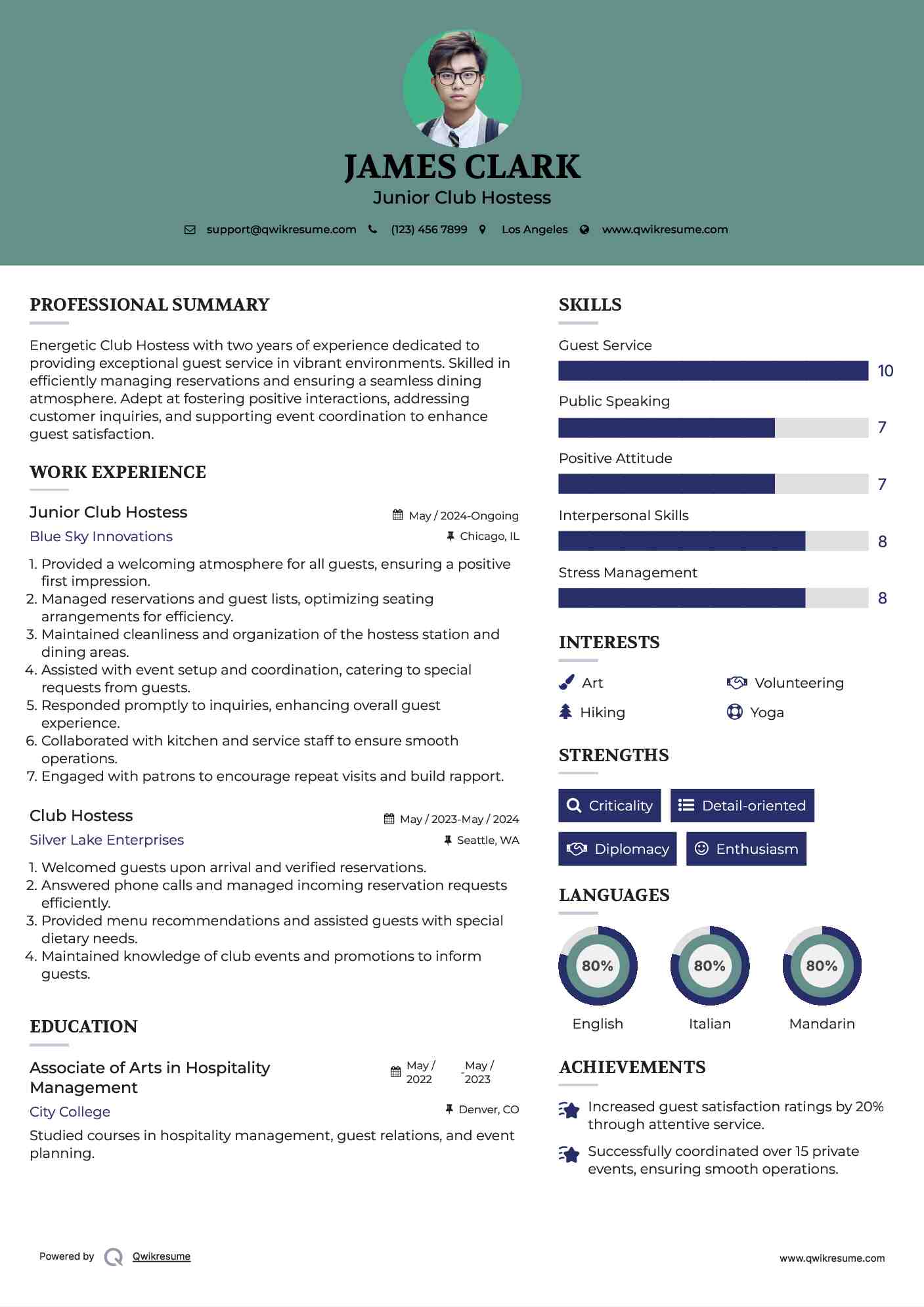 Junior Club Hostess Resume Example
