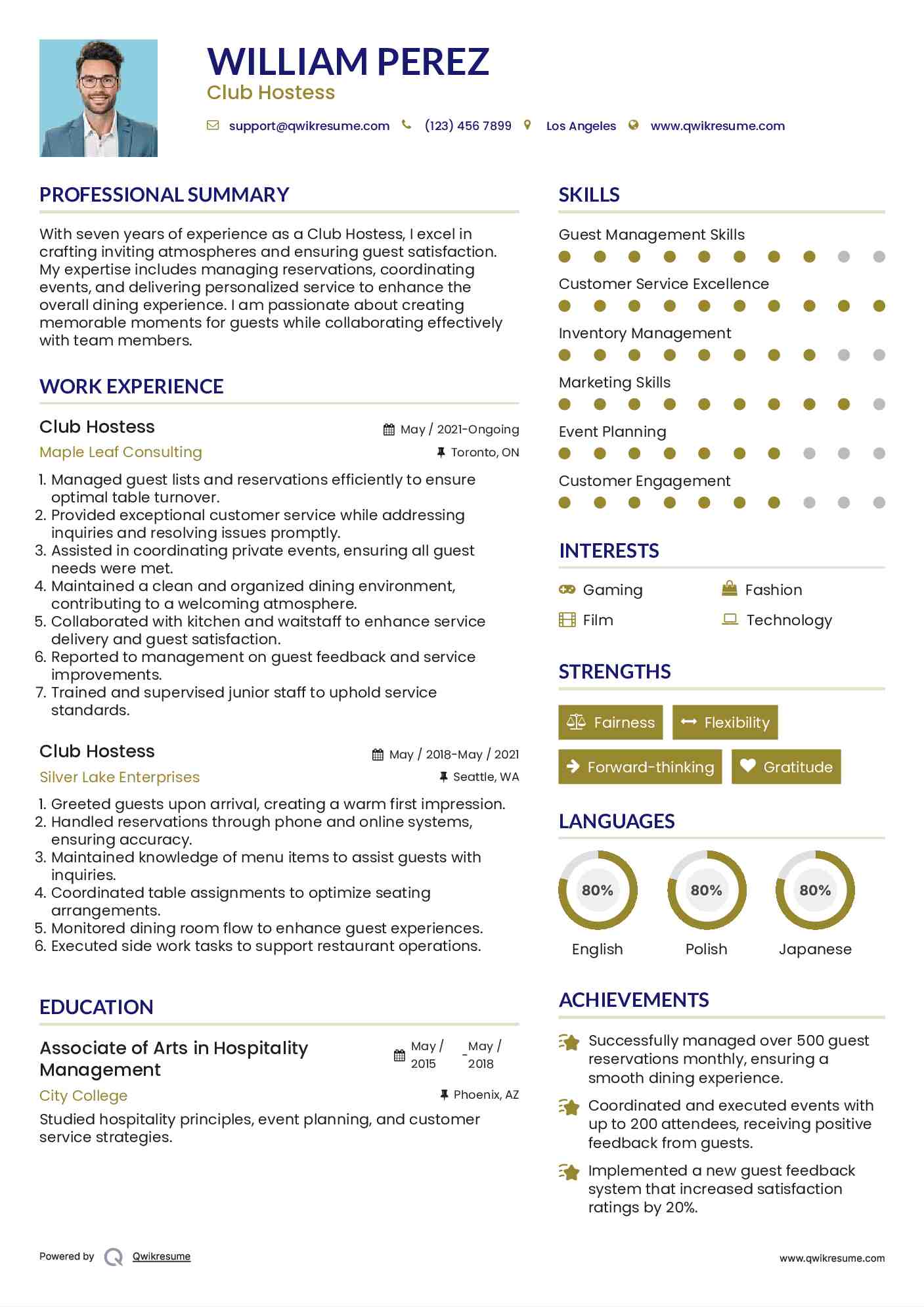 Club Hostess Resume Format