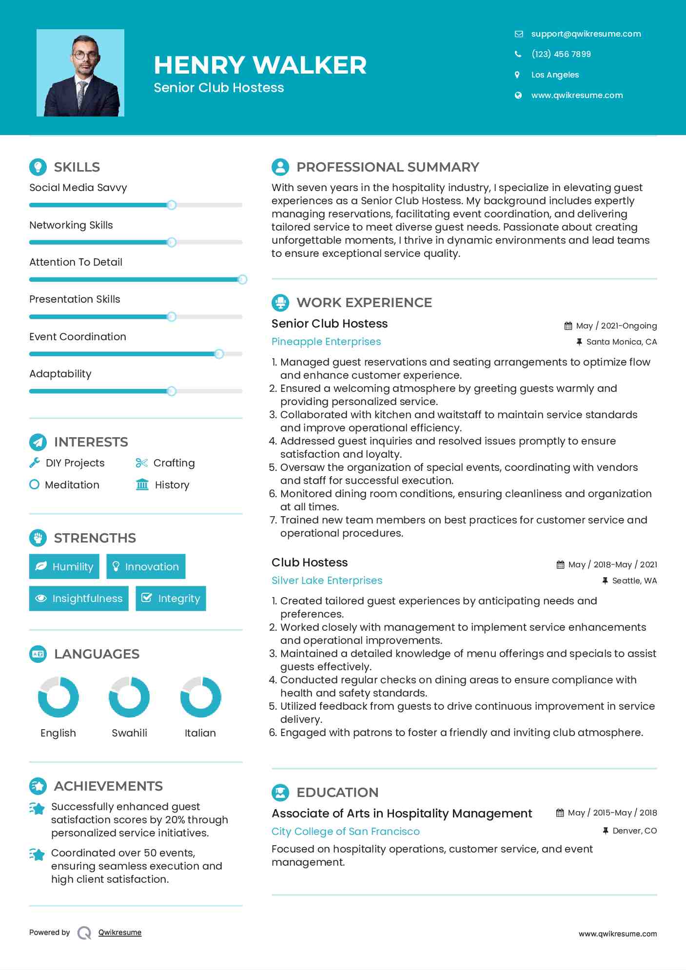 Senior Club Hostess Resume Template