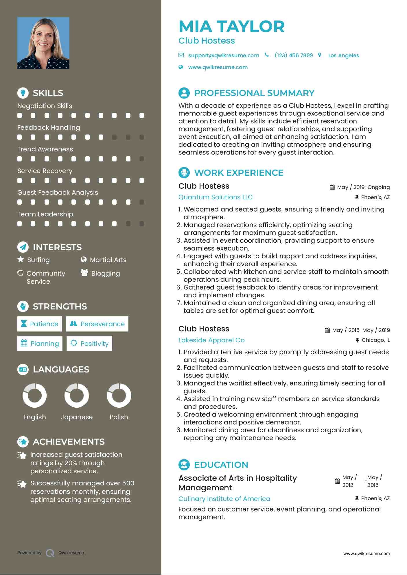 Club Hostess Resume Example