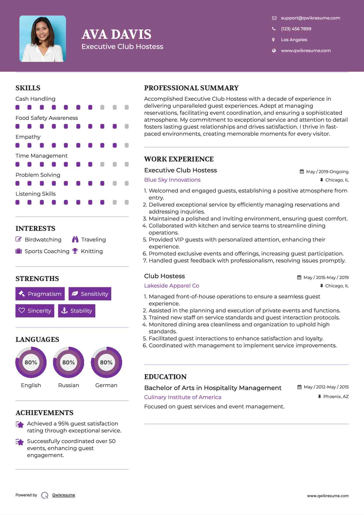 Executive Club Hostess Resume Model