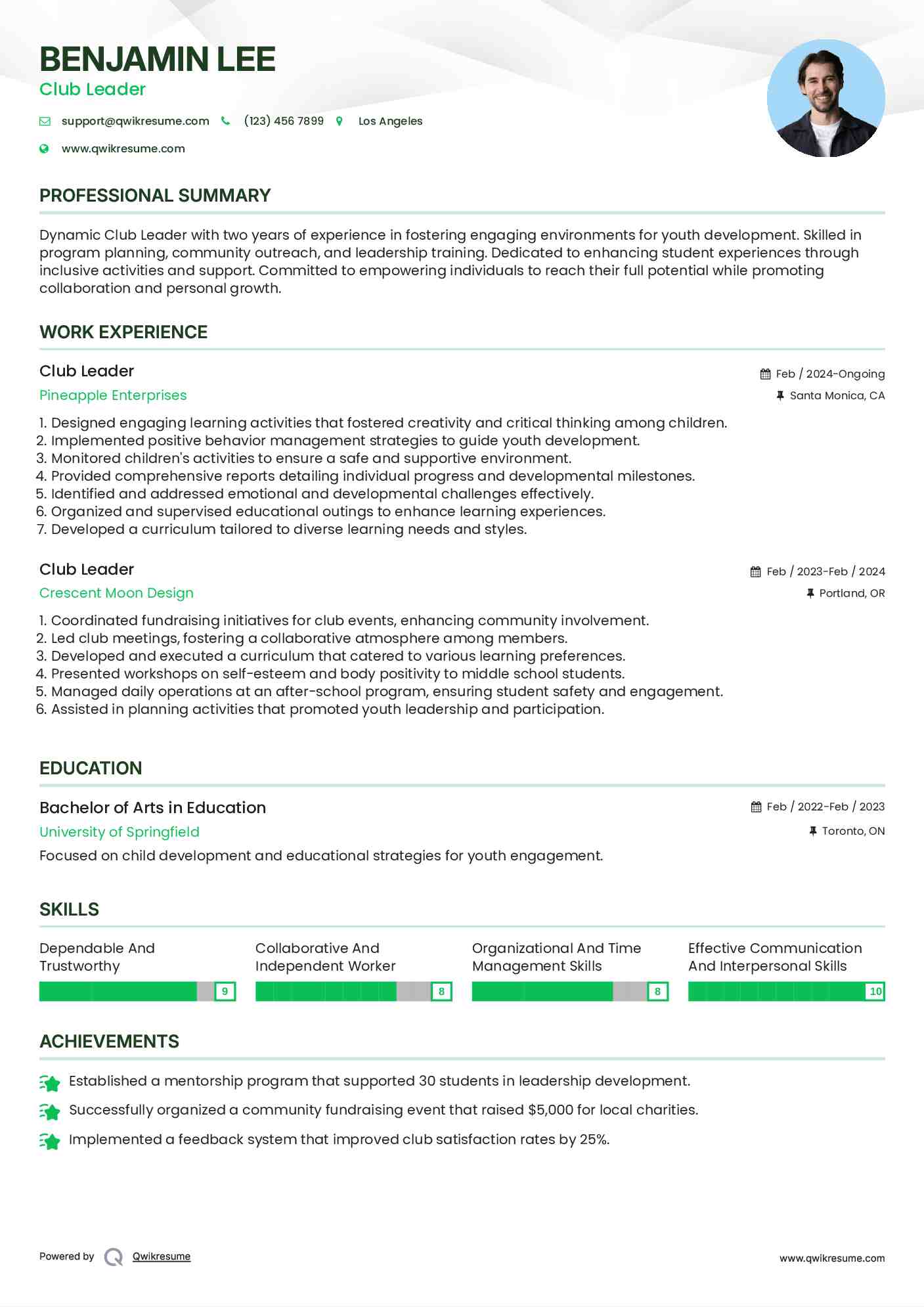 Club Leader Resume Format