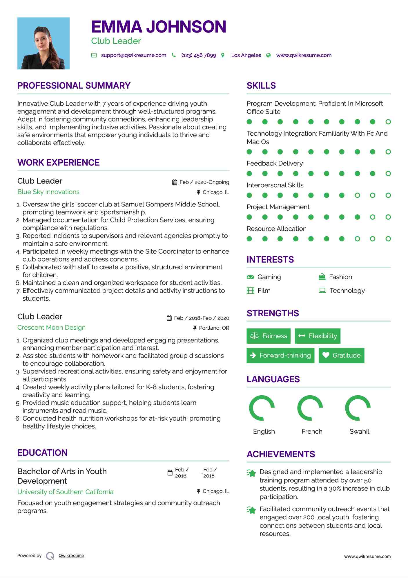 Club Leader Resume Format