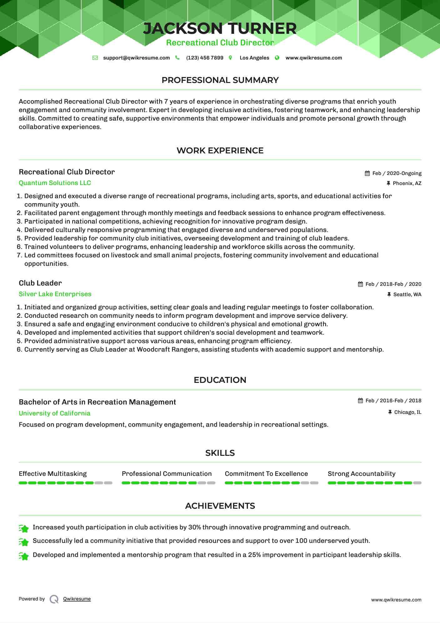 Recreational Club Director Resume Format