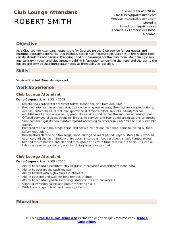 Club Lounge Attendant Resume Samples QwikResume