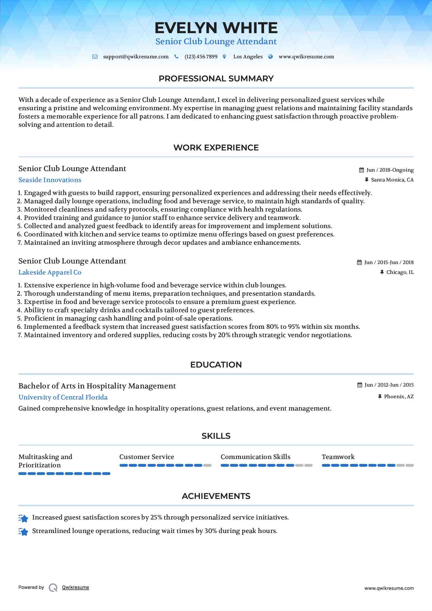 Senior Club Lounge Attendant Resume Sample