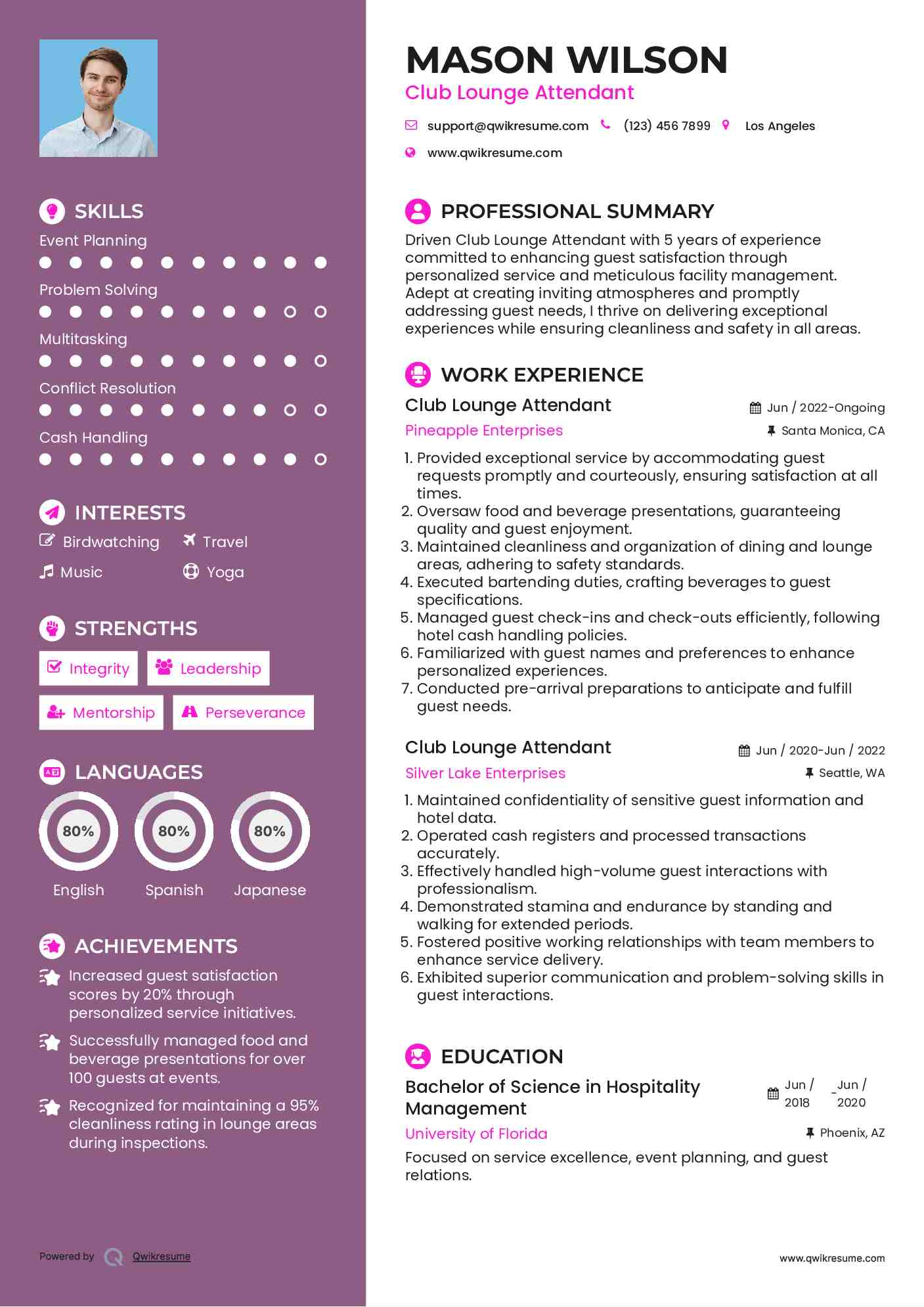 Club Lounge Attendant Resume Sample