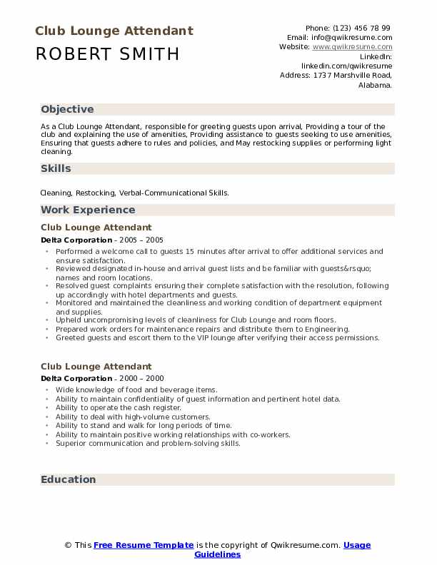 Club Lounge Attendant Resume Samples QwikResume