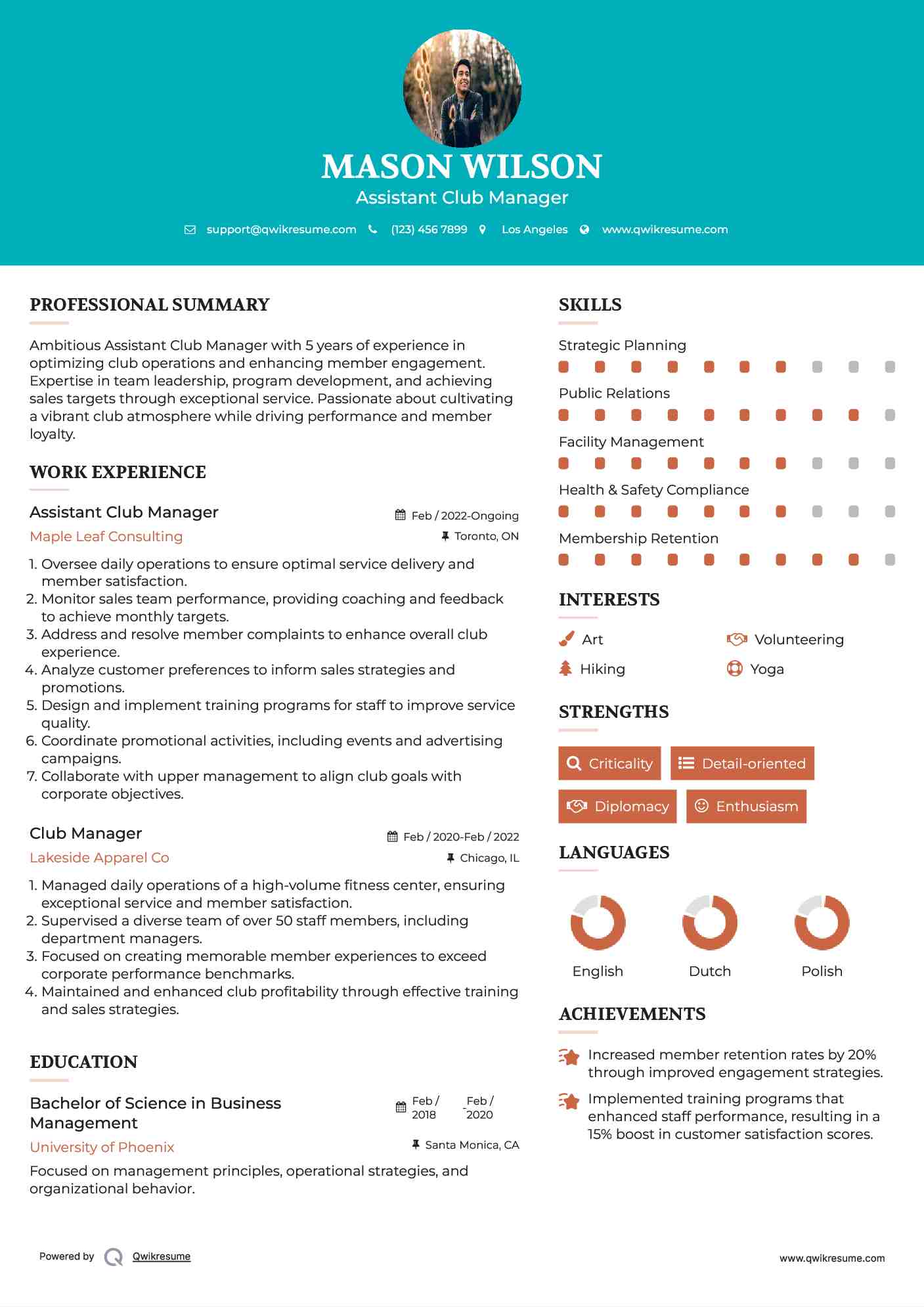 Assistant Club Manager Resume Sample