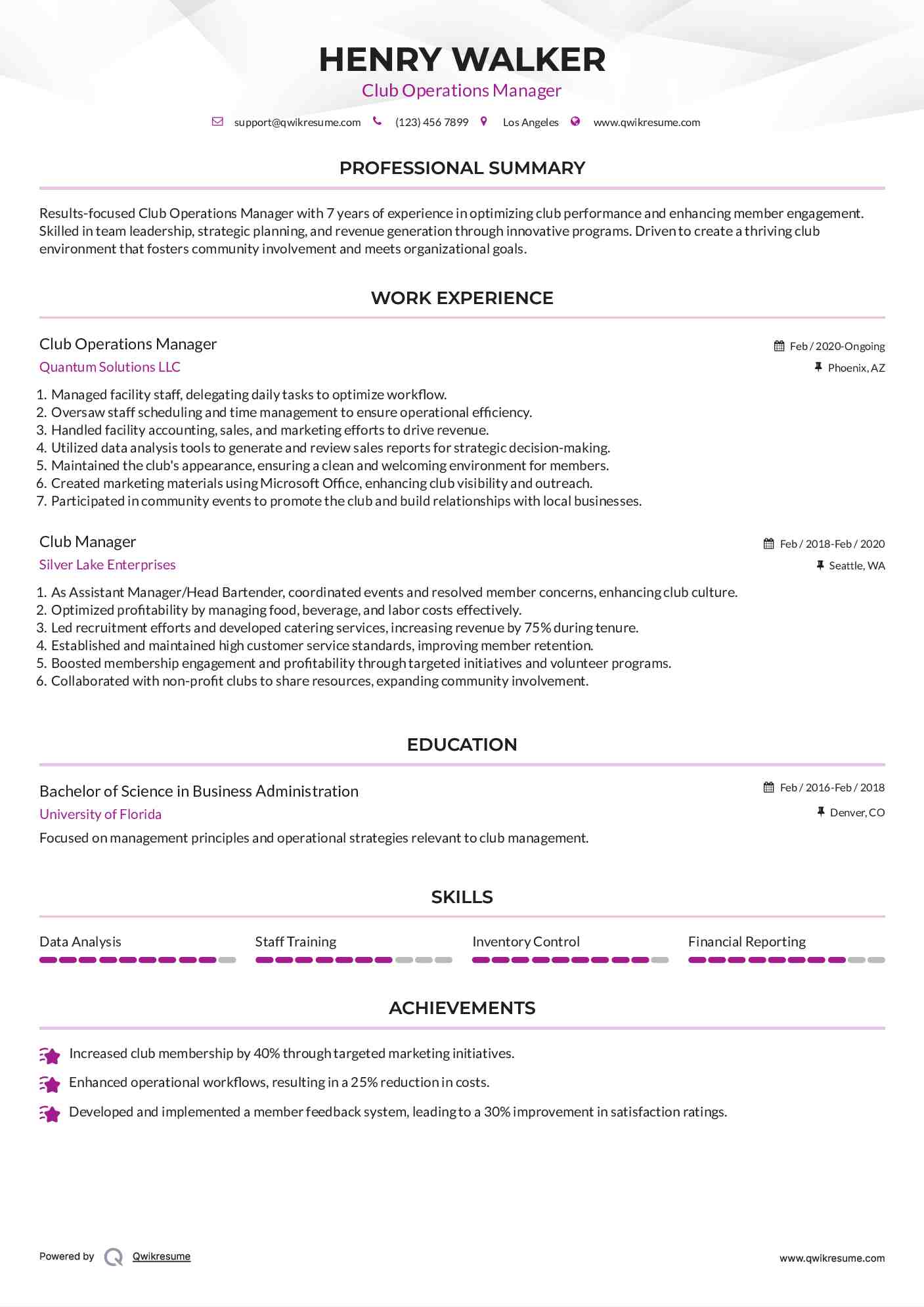 Club Operations Manager Resume Model