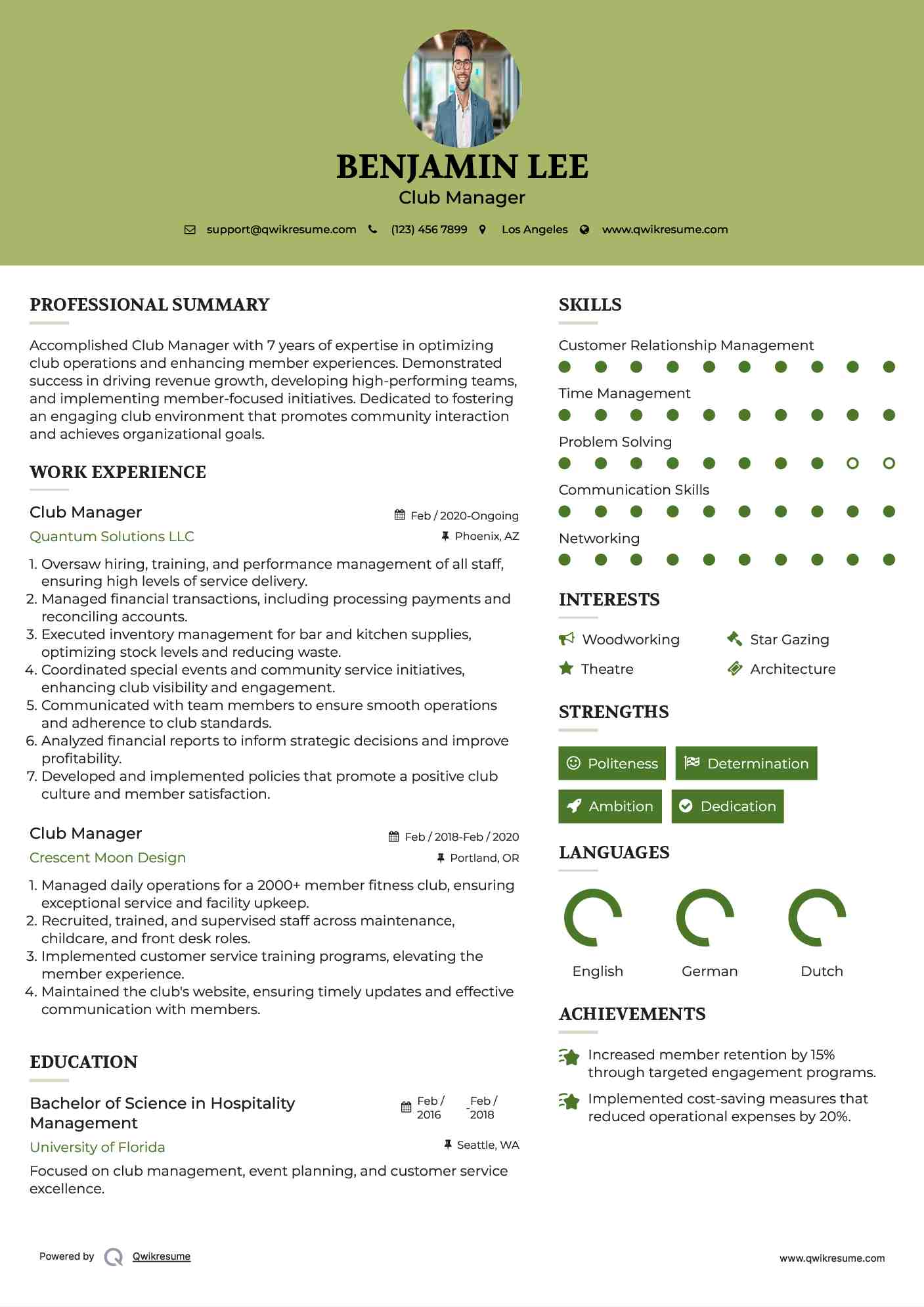 Club Manager Resume Sample