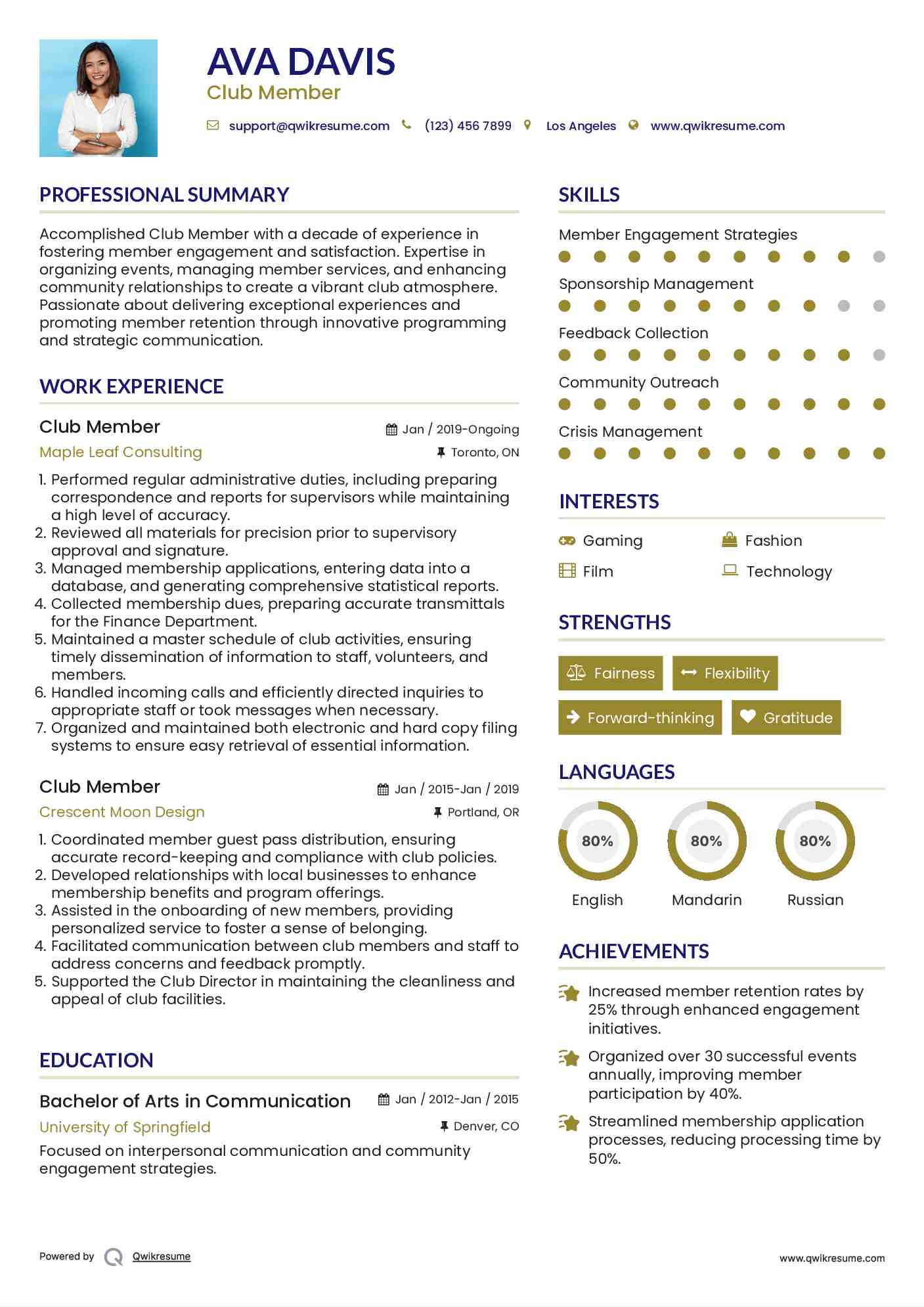 Club Member Resume Template