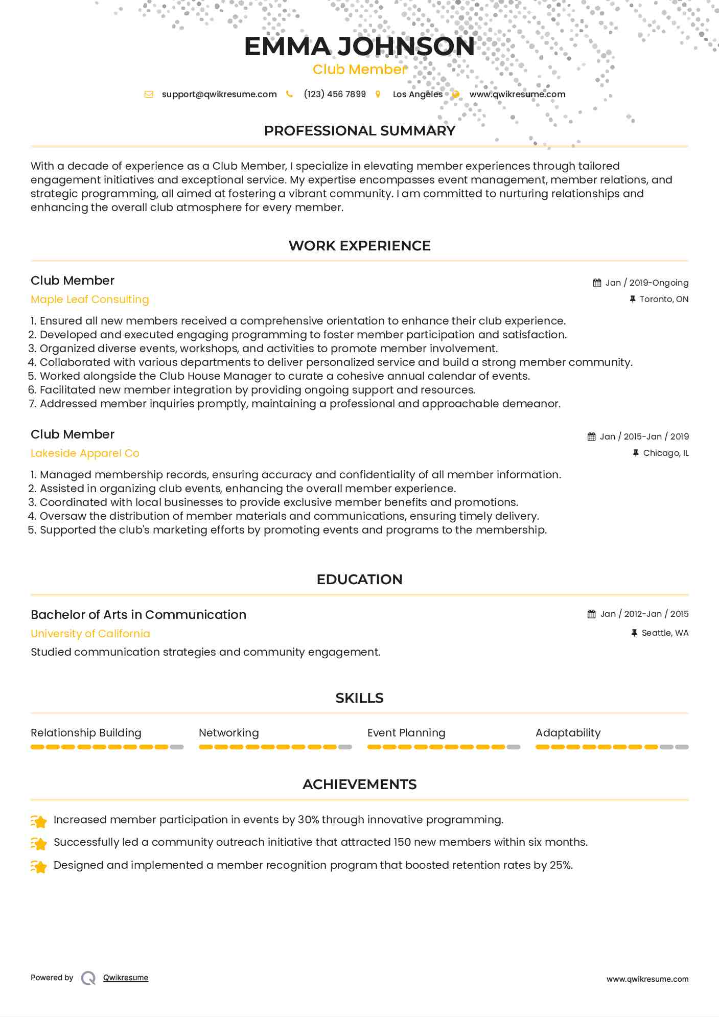 Club Member Resume Template