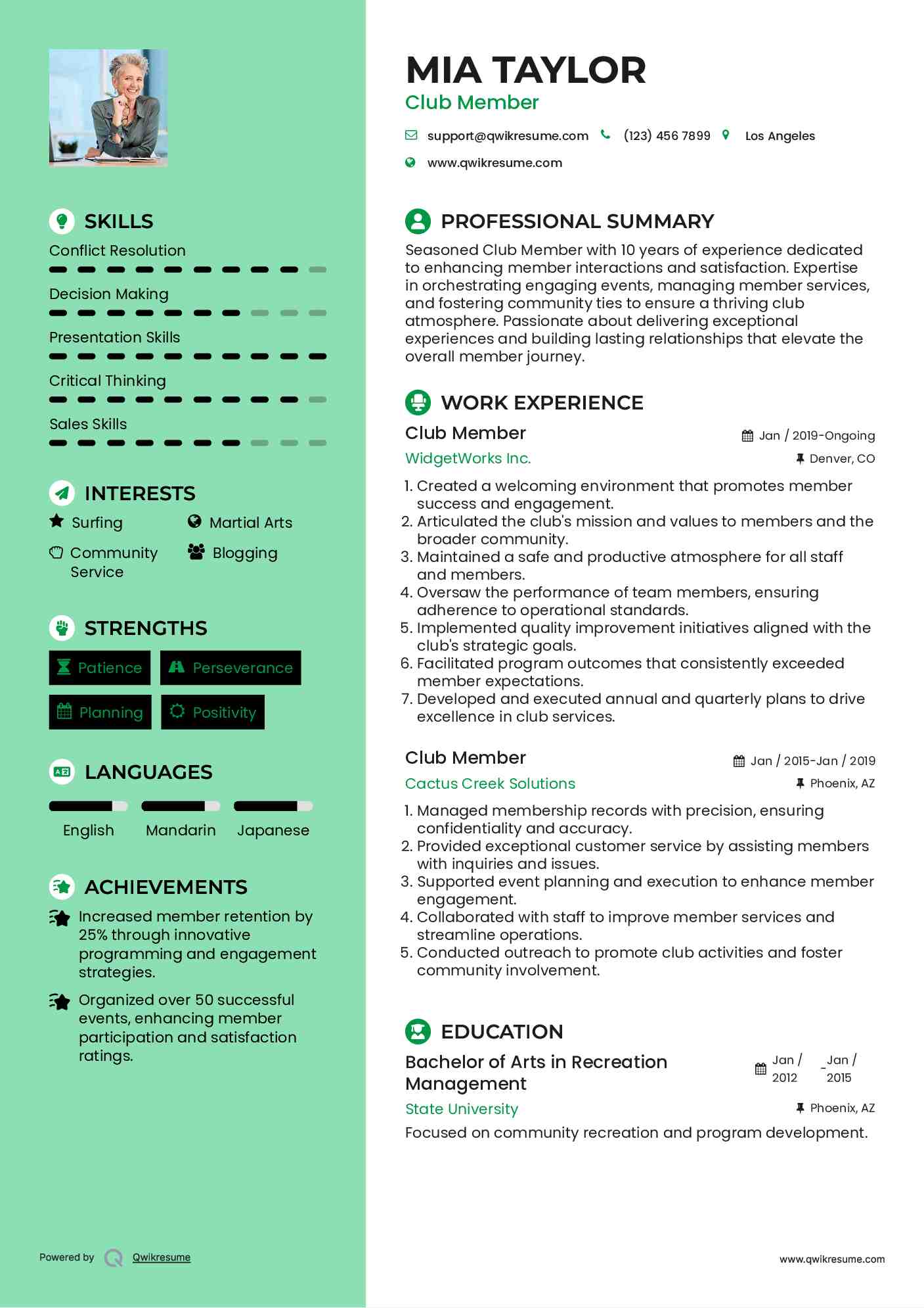 Club Member Resume Model