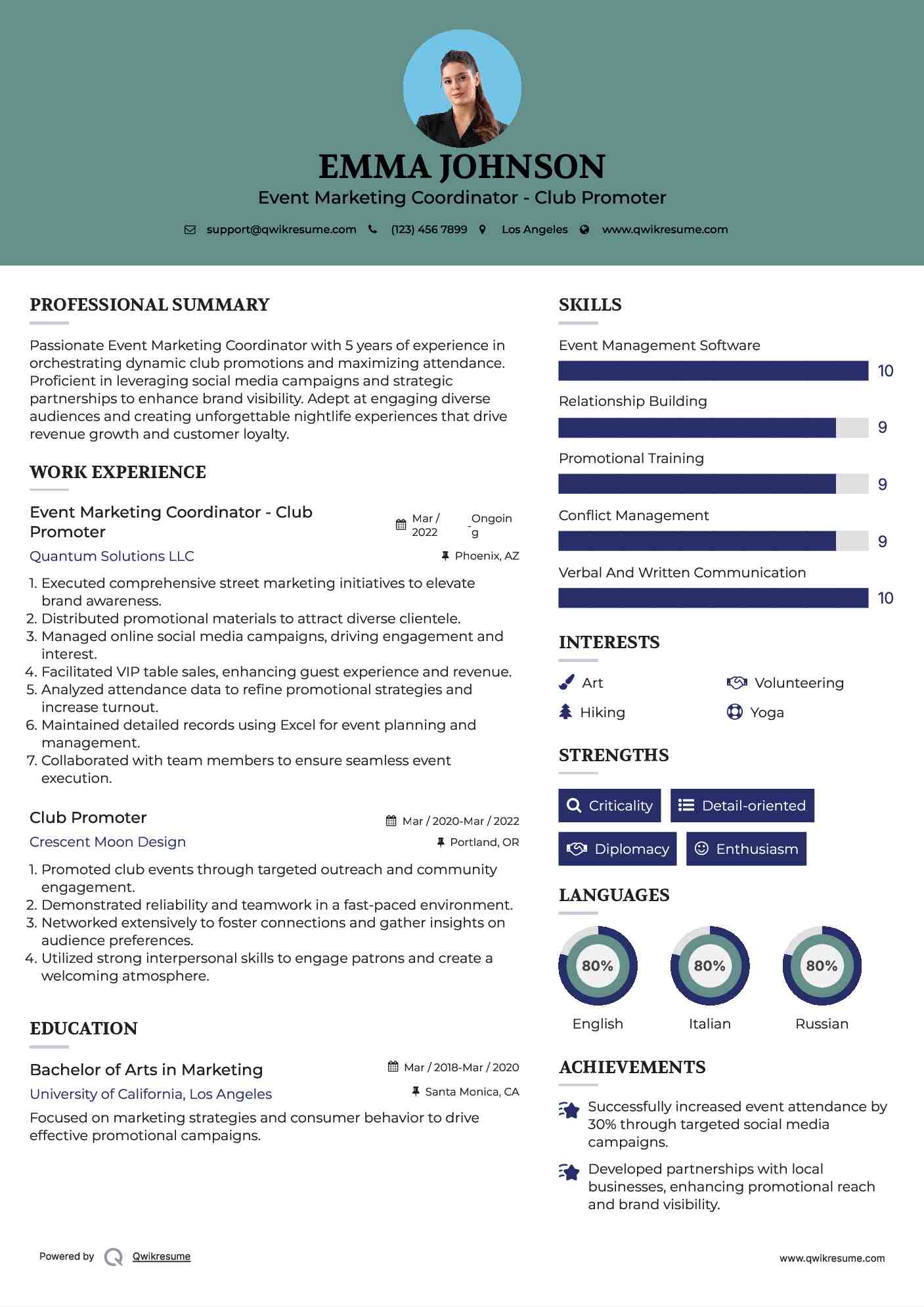 Event Marketing Coordinator - Club Promoter Resume Template