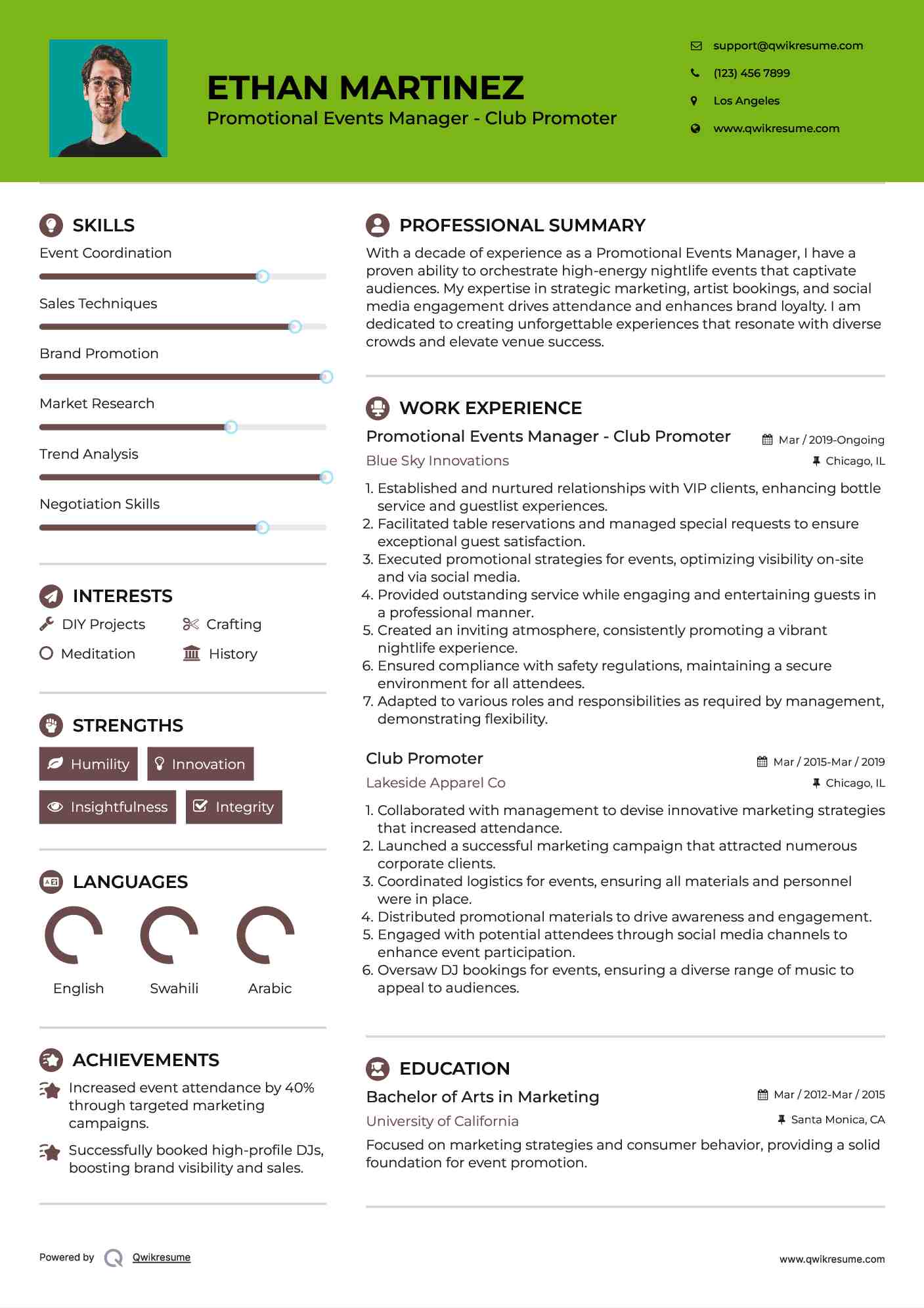 Promotional Events Manager - Club Promoter Resume Template